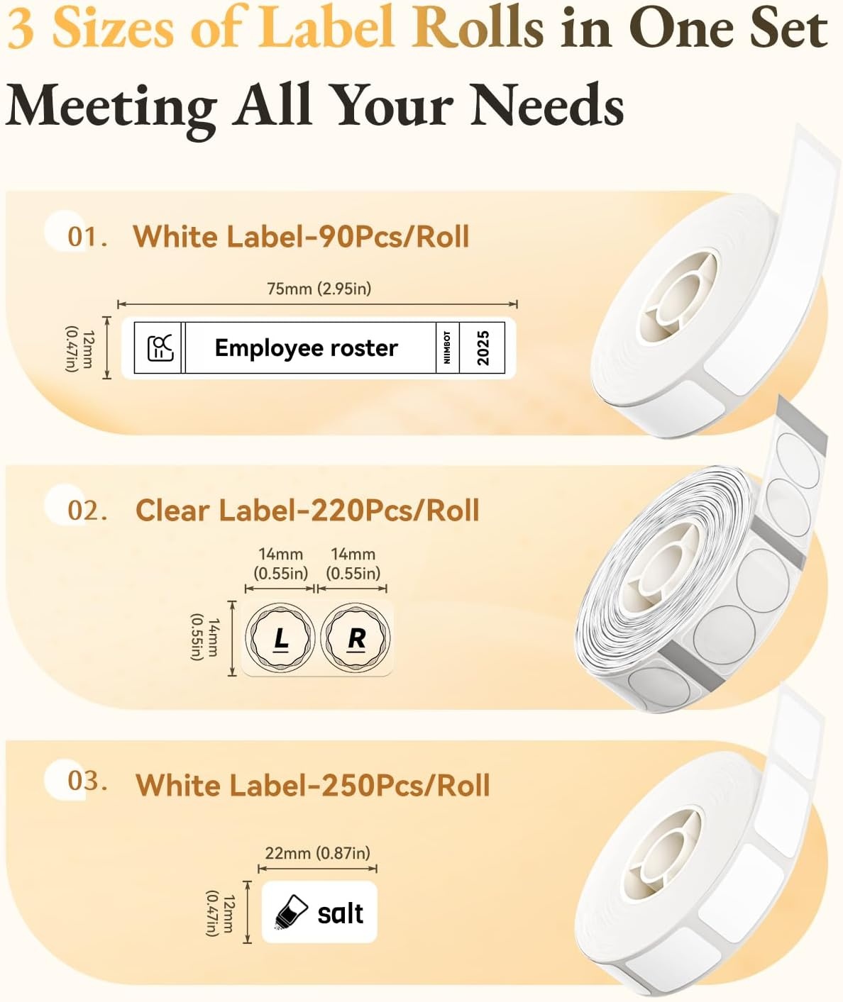 image:imageNIIMBOT 3 Roll Set Labels for D110D11D101 Label Maker 047 X 295 White 055 X 11 Clear 047 X 087 White Waterproof Thermal Label Tape for Home Office School OrganizationMix C