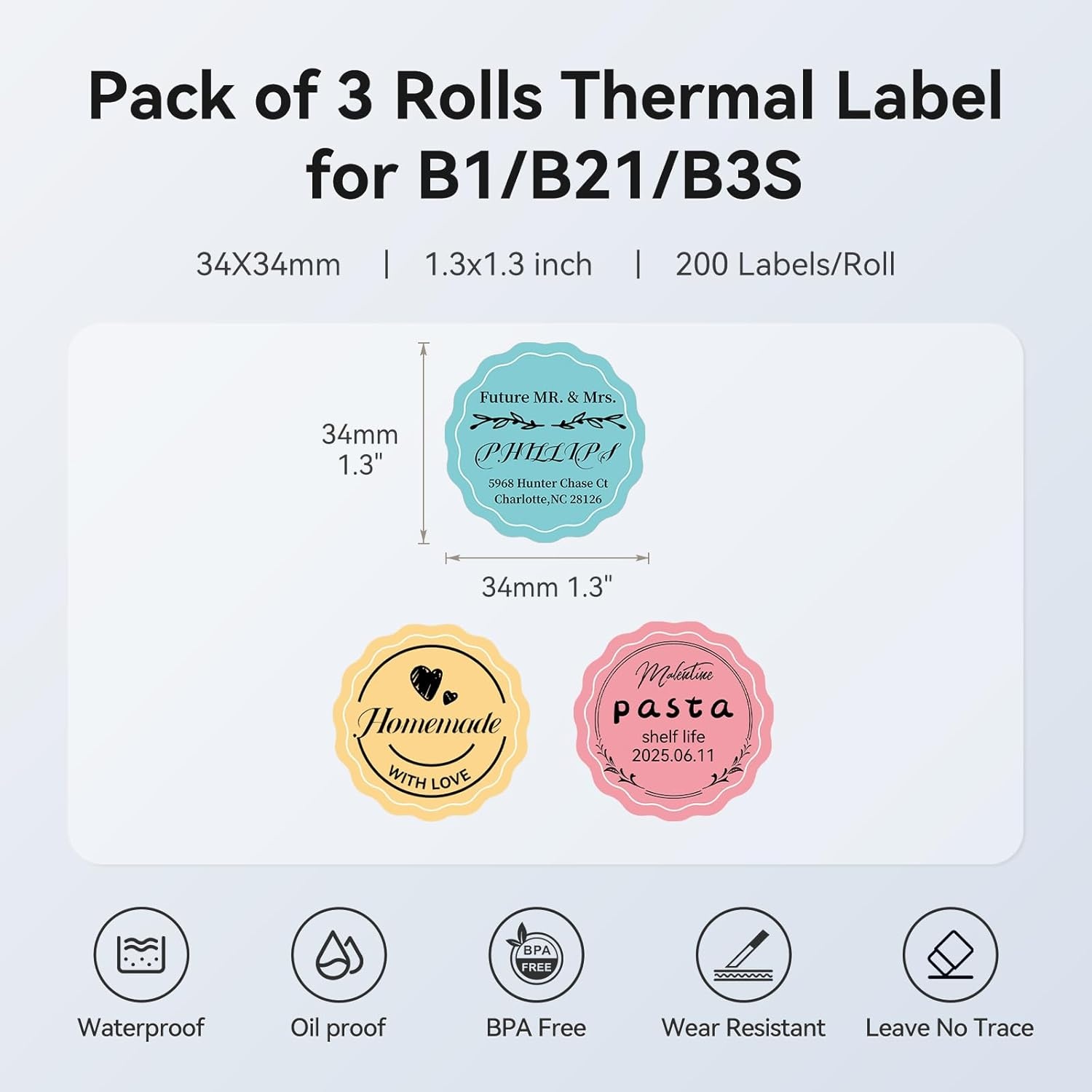 image:imageNIIMBOT 3 Rolls Set Label Tape for B1B21B3S Label Printer 197 X 197 50x50mm Round Waterproof Thermal Label Tape for LogoGiftBarcodeKitchen Jar White13 X 13SquareColorful