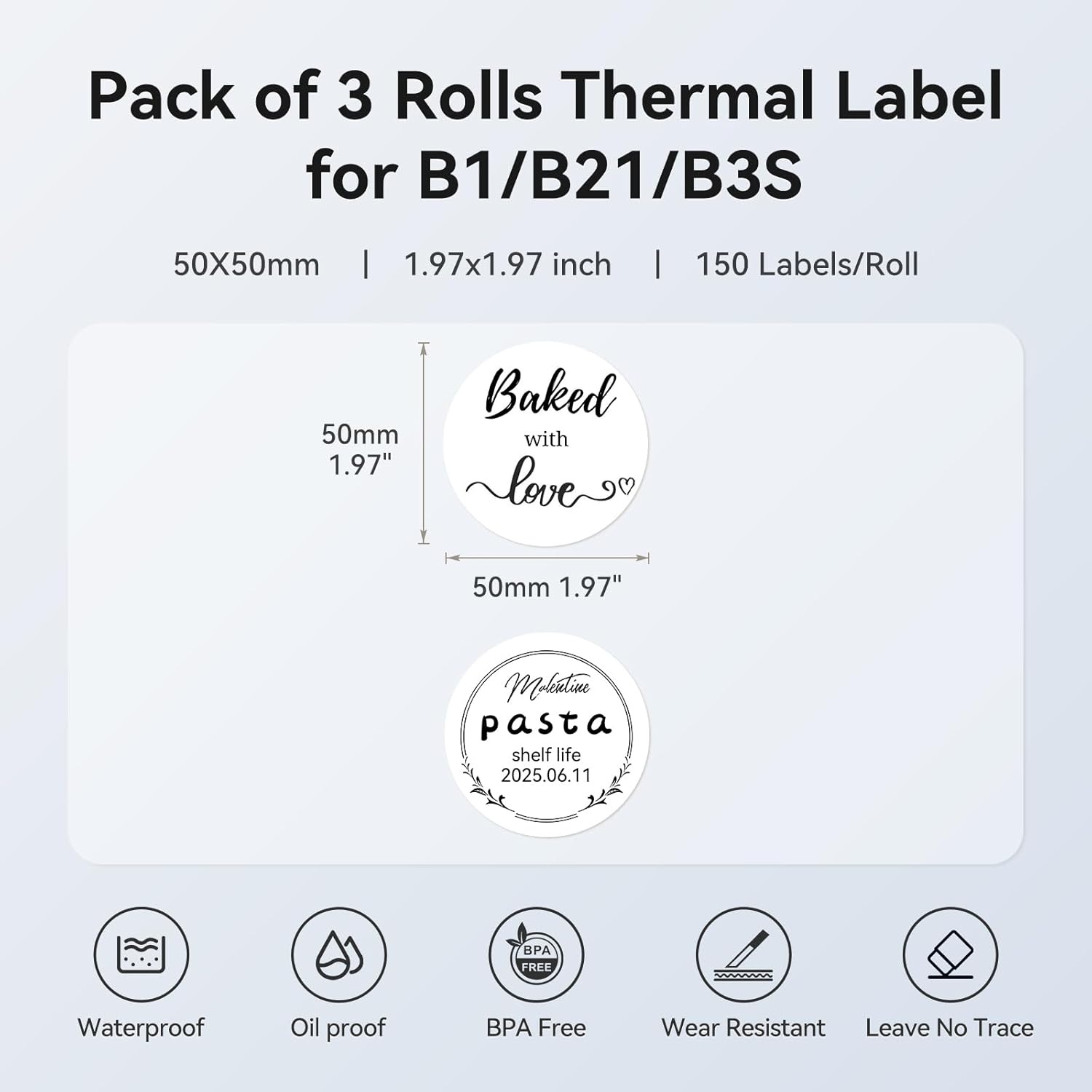image:imageNIIMBOT 3 Rolls Set Label Tape for B1B21B3S Label Printer 197 X 197 50x50mm Round Waterproof Thermal Label Tape for LogoGiftBarcodeKitchen Jar White197 X 197RoundWhite