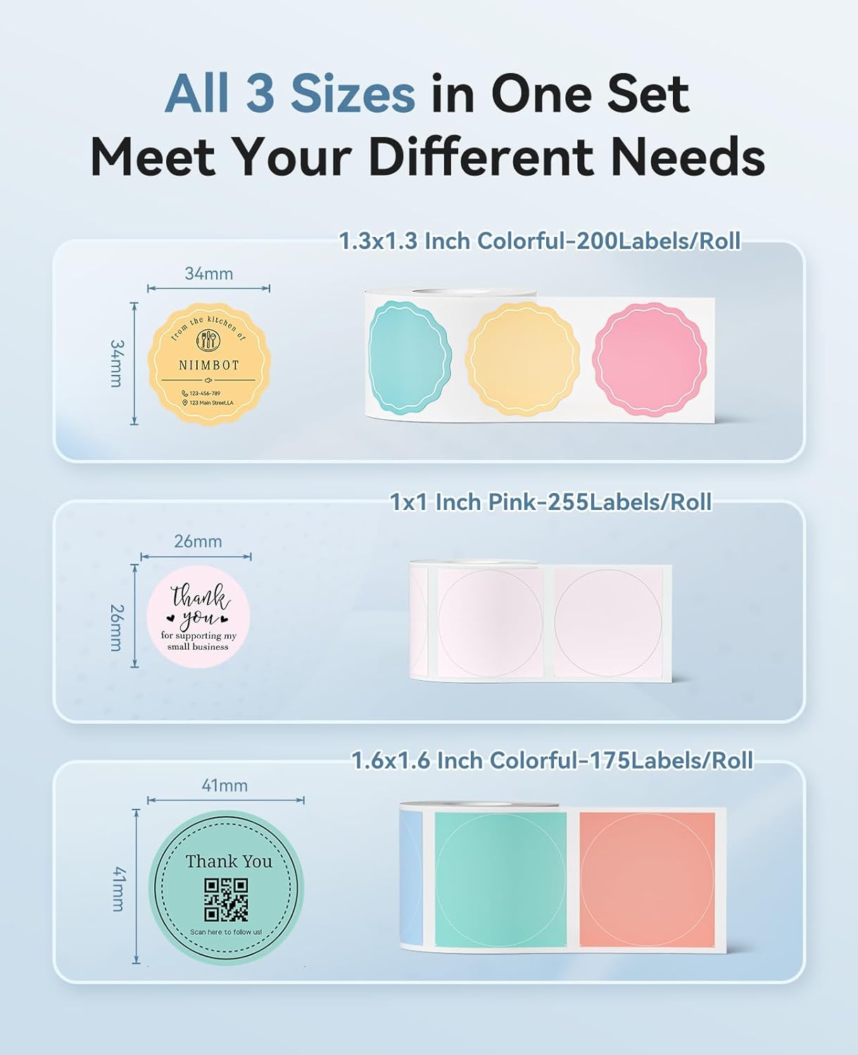 image:imageNIIMBOT 3 Rolls Set Label for B1 B21 B3S B21Pro Label Maker 13x13 Colorful16x08 Zoo16x06 2 Rows Thermal Label Refills for DaycareSpice JarAddressLogoNameFood ContainerMix D