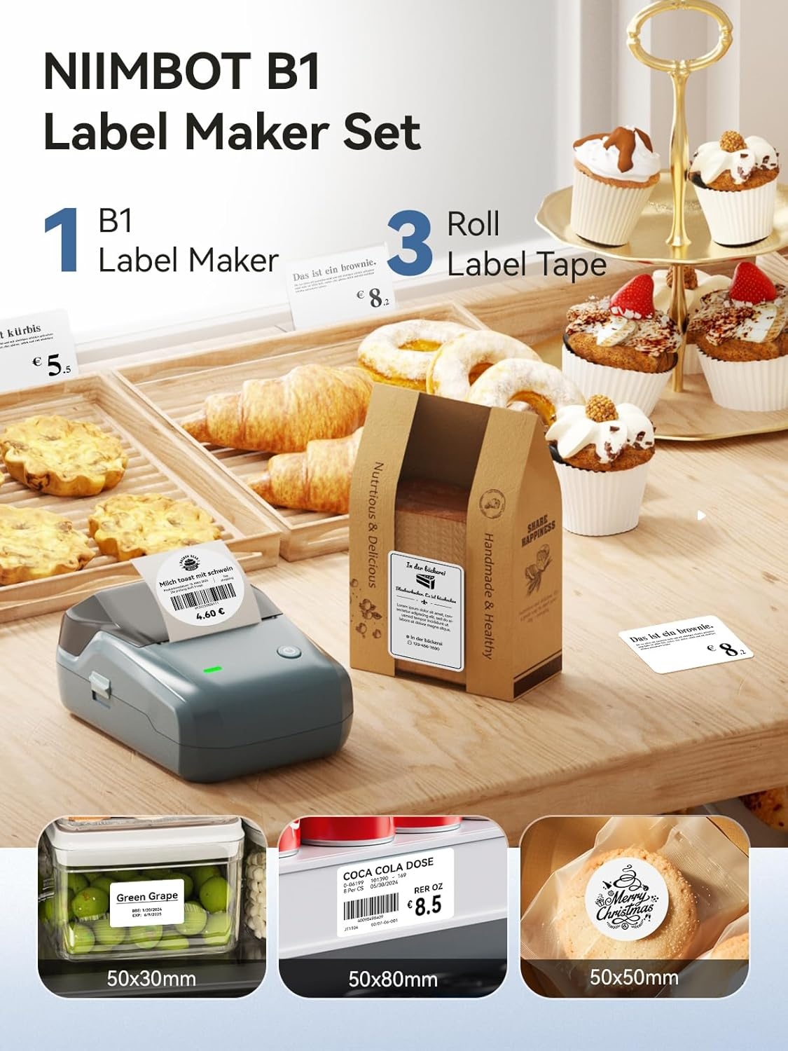 image:imageNIIMBOT B1 Label Maker Machine with 3 Tapes 50x30mm50x80mm 50x50mm Round Labels Bluetooth Thermal Label Printer for Small BusinessOfficeHomeSchool Blue 1 Printer3 Roll LabelBlue