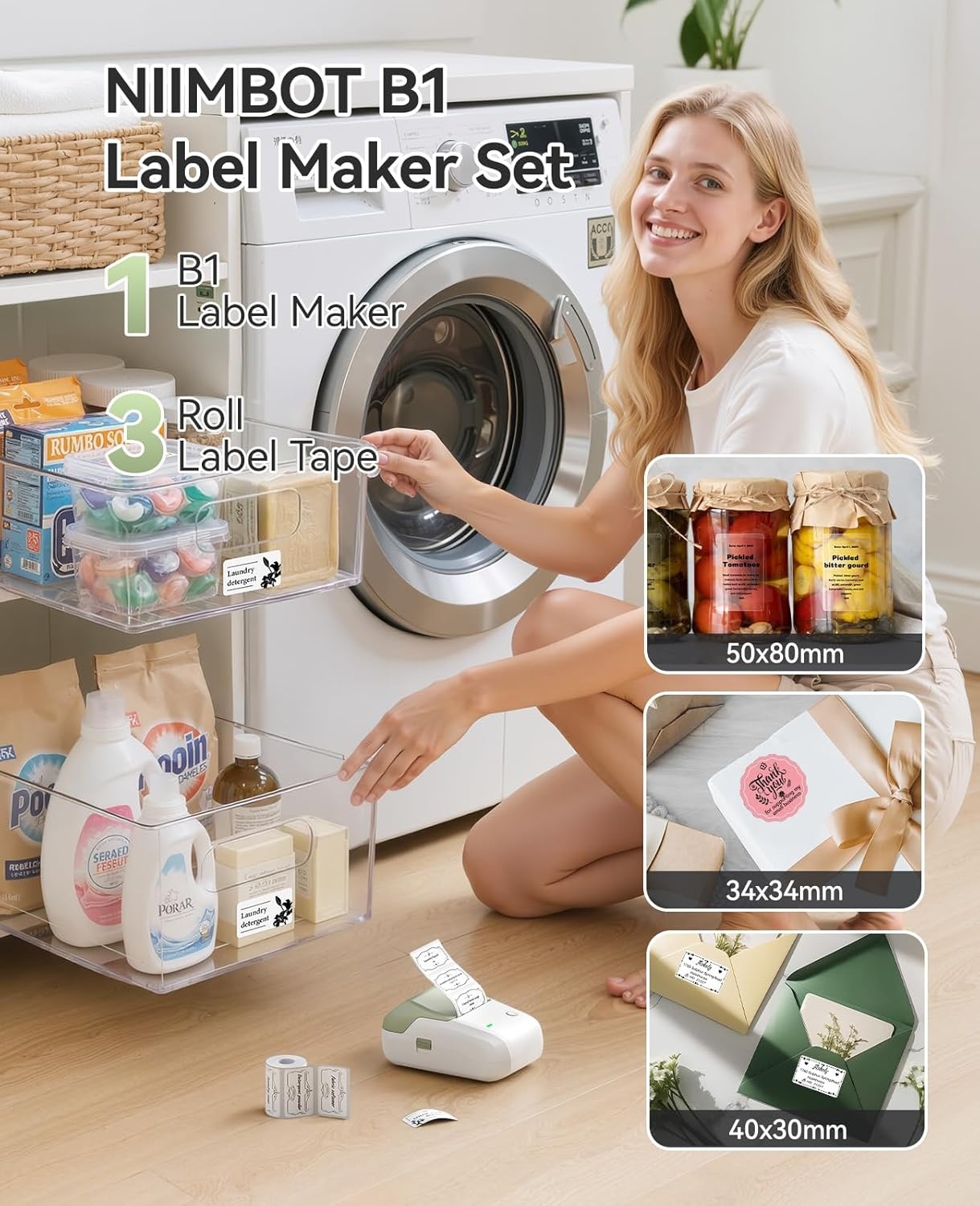 image:imageNIIMBOT B1 Label Maker Machine with 3 Tapes 50x30mm50x80mm 50x50mm Round Labels Bluetooth Thermal Label Printer for Small BusinessOfficeHomeSchool Blue 1 Printer3 Roll LabelGreen