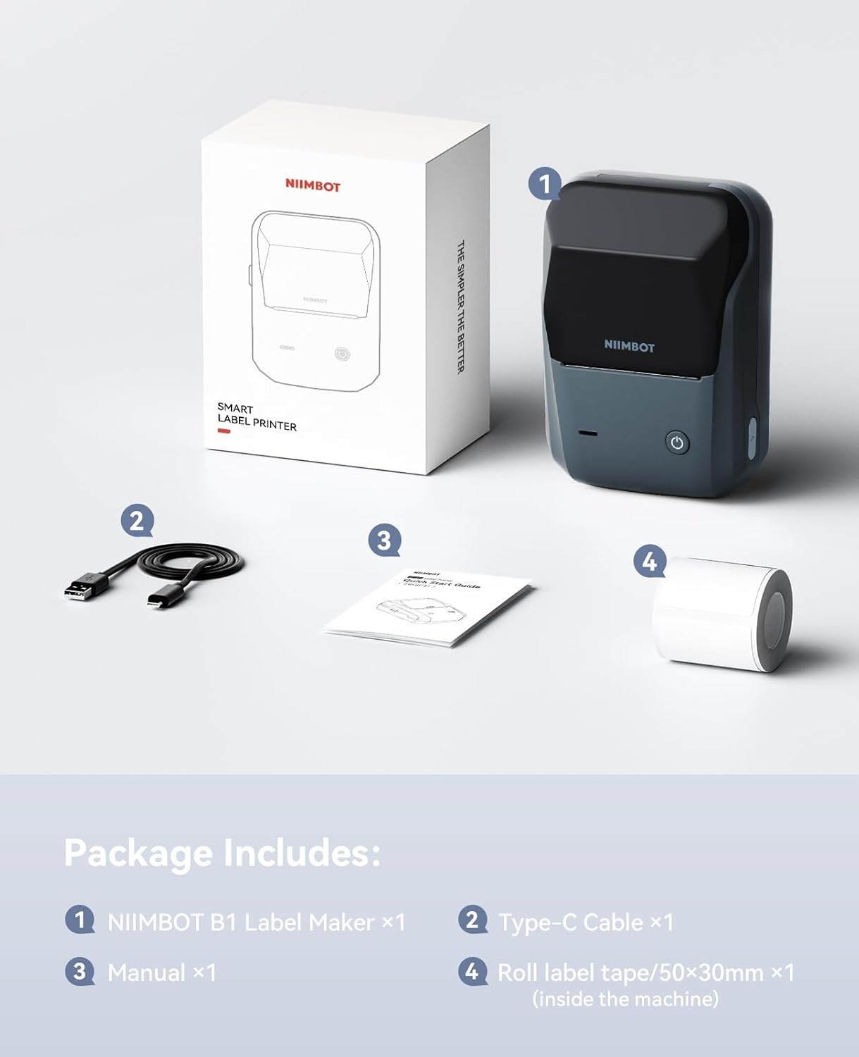 image:imageNIIMBOT B1 Label Maker Machine with 3 Tapes 50x30mm50x80mm 50x50mm Round Labels Bluetooth Thermal Label Printer for Small BusinessOfficeHomeSchool Blue 1 Printer3 Roll LabelBlue