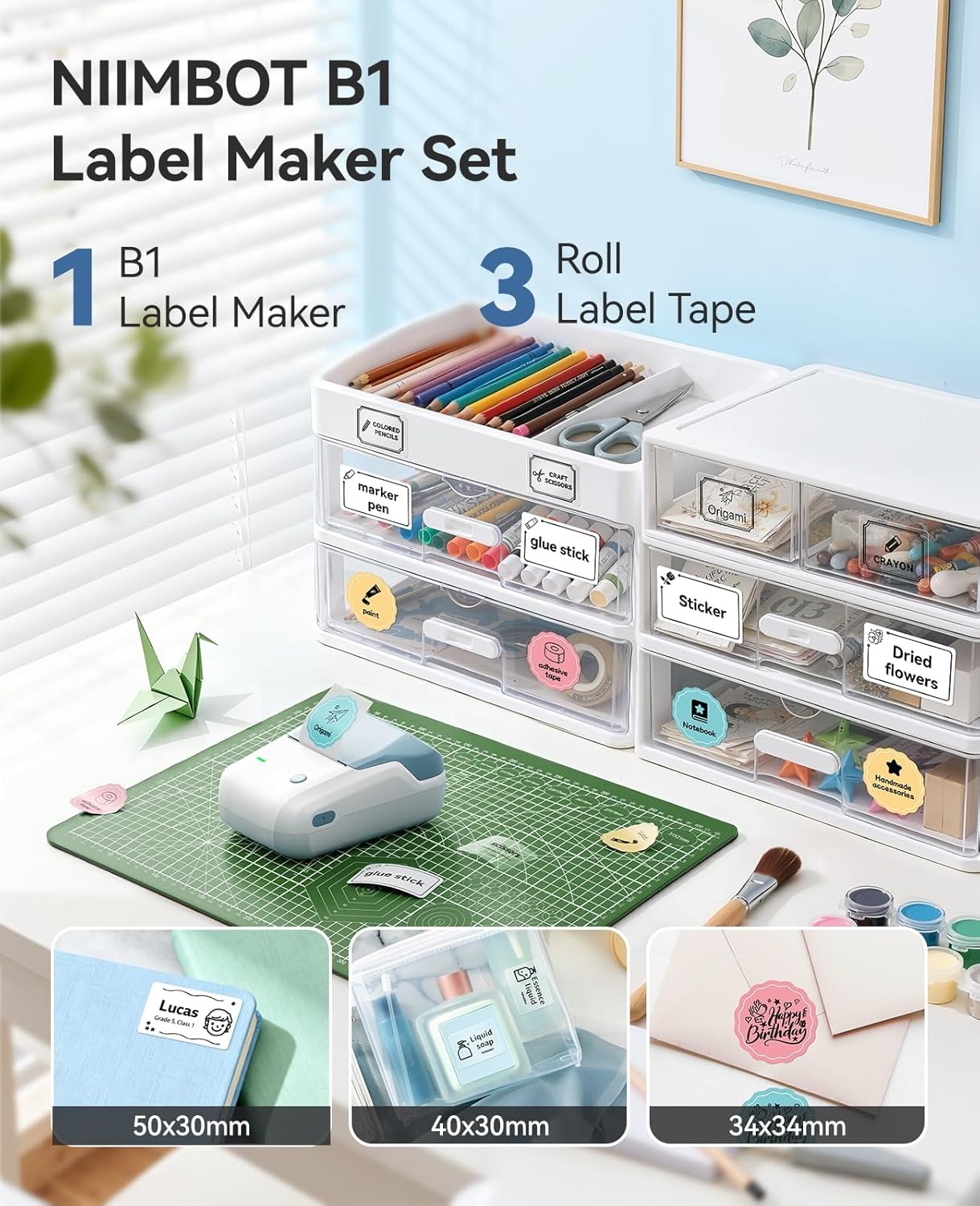 image:imageNIIMBOT B1 Label Maker Machine with 3 Tapes 50x30mm50x80mm 50x50mm Round Labels Bluetooth Thermal Label Printer for Small BusinessOfficeHomeSchool Blue 1 Printer3 Roll LabelLight Blue