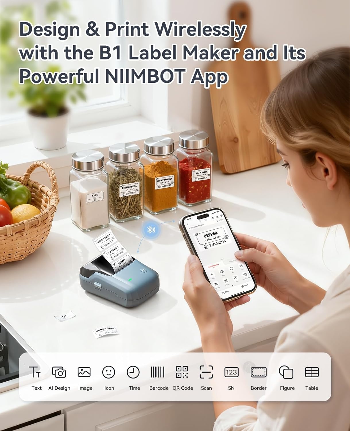 image:imageNIIMBOT B1 Label Maker Machine with 3 Tapes 50x30mm50x80mm 50x50mm Round Labels Bluetooth Thermal Label Printer for Small BusinessOfficeHomeSchool Blue 1 Printer3 Roll LabelBlue