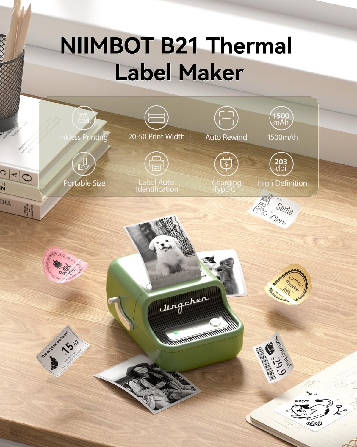 image:imageNIIMBOT B21 Label Maker 2 Inch Portable Thermal Label Printer Label Maker Machine with Tape Compatible with Android iOS amp PCLabeling for Home Storage Office and Small BusinessOffWhiteGreen