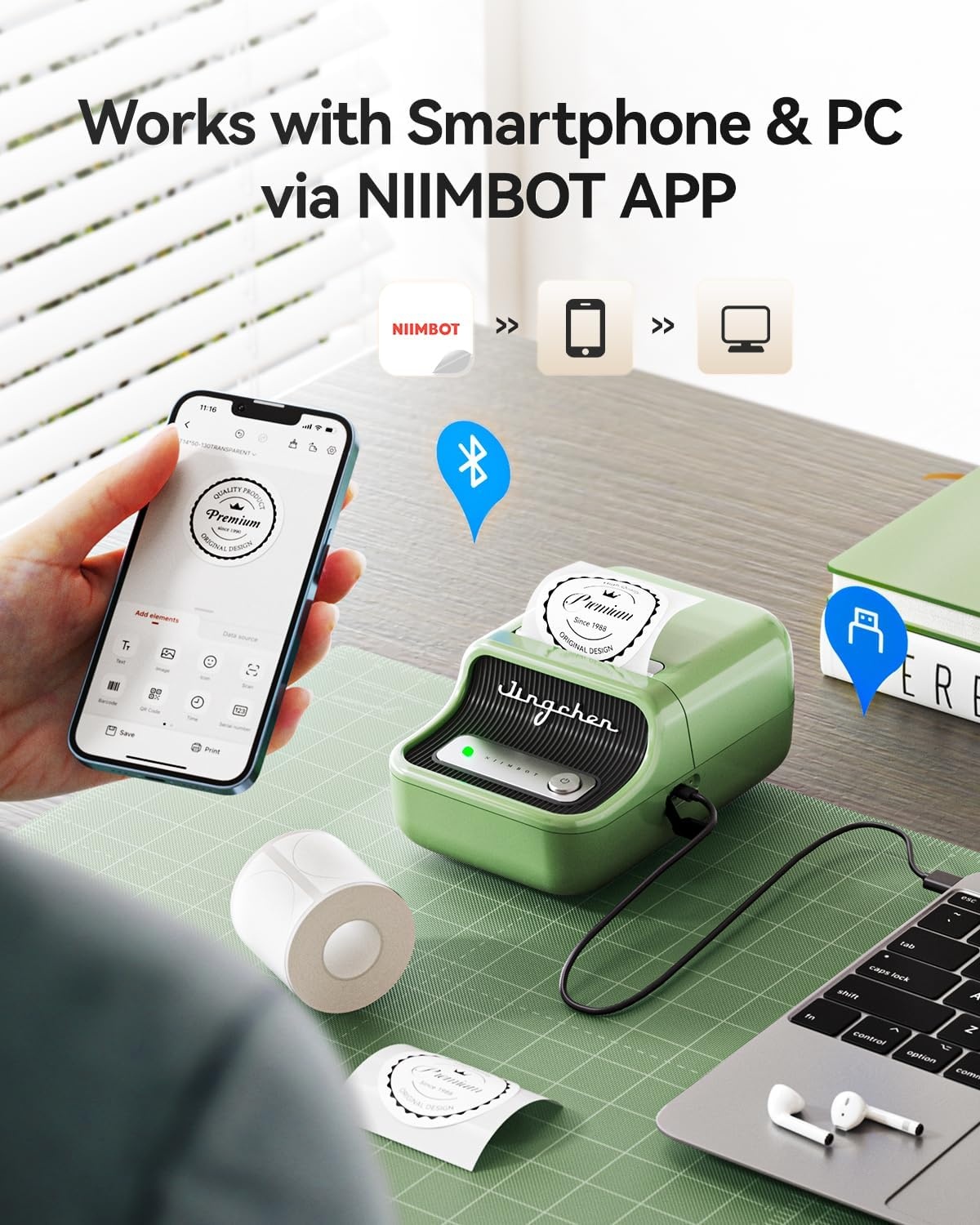 image:imageNIIMBOT B21 Label Maker 2 Inch Portable Thermal Label Printer Label Maker Machine with Tape Compatible with Android iOS amp PCLabeling for Home Storage Office and Small BusinessOffWhiteGreen