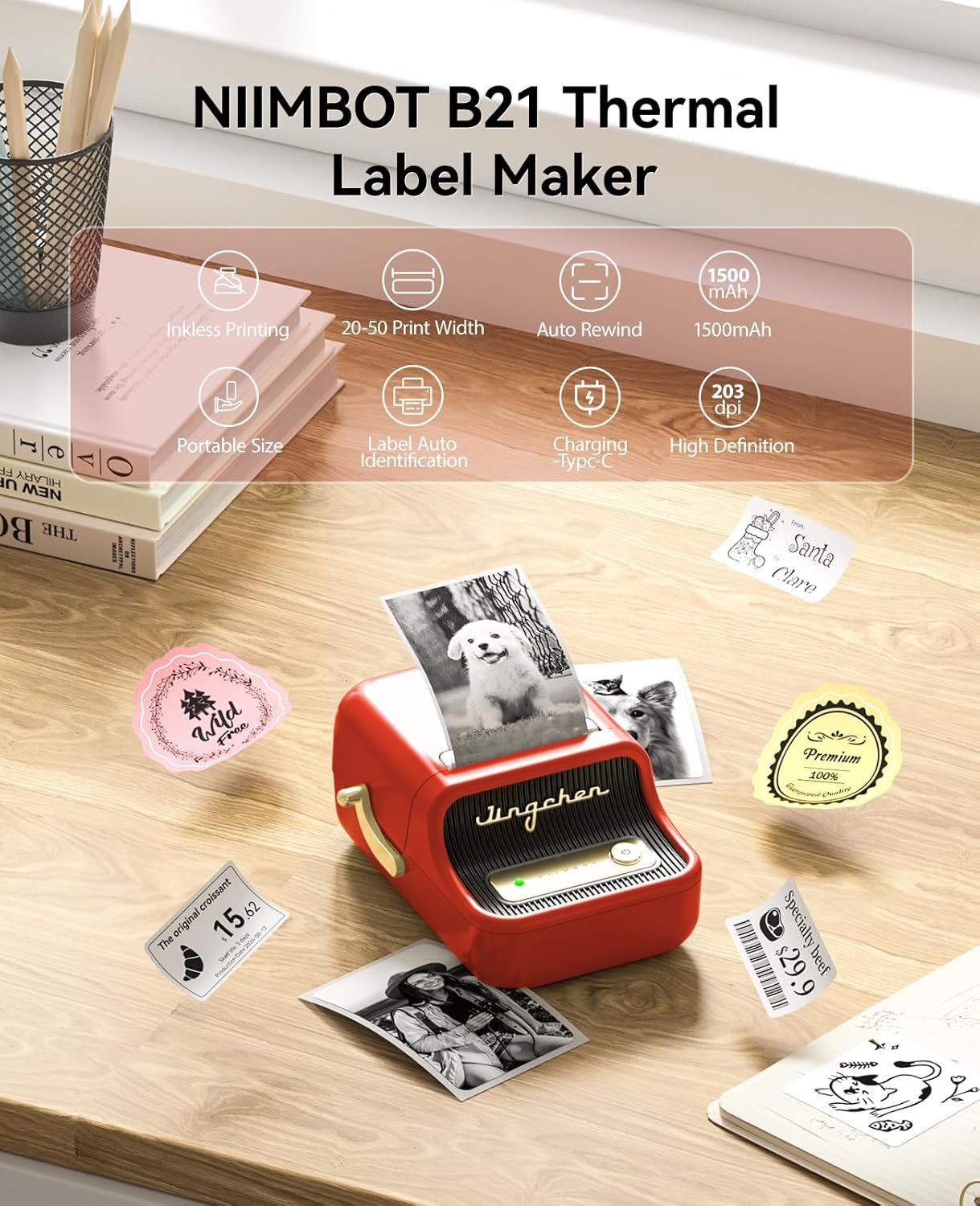 image:imageNIIMBOT B21 Label Maker 2 Inch Portable Thermal Label Printer Label Maker Machine with Tape Compatible with Android iOS amp PCLabeling for Home Storage Office and Small BusinessOffWhiteRed