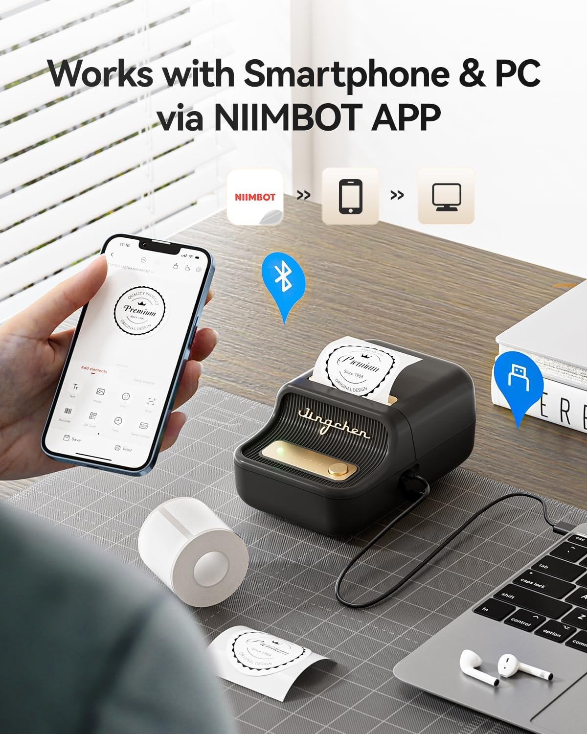 image:imageNIIMBOT B21 Label Maker 2 Inch Portable Thermal Label Printer Label Maker Machine with Tape Compatible with Android iOS amp PCLabeling for Home Storage Office and Small BusinessOffWhiteBlack