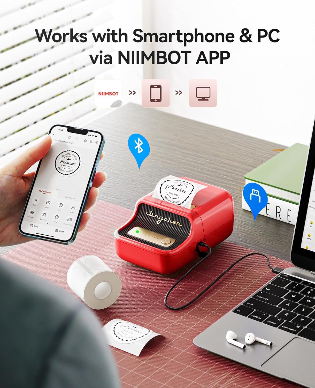 image:imageNIIMBOT B21 Label Maker 2 Inch Portable Thermal Label Printer Label Maker Machine with Tape Compatible with Android iOS amp PCLabeling for Home Storage Office and Small BusinessOffWhiteRed