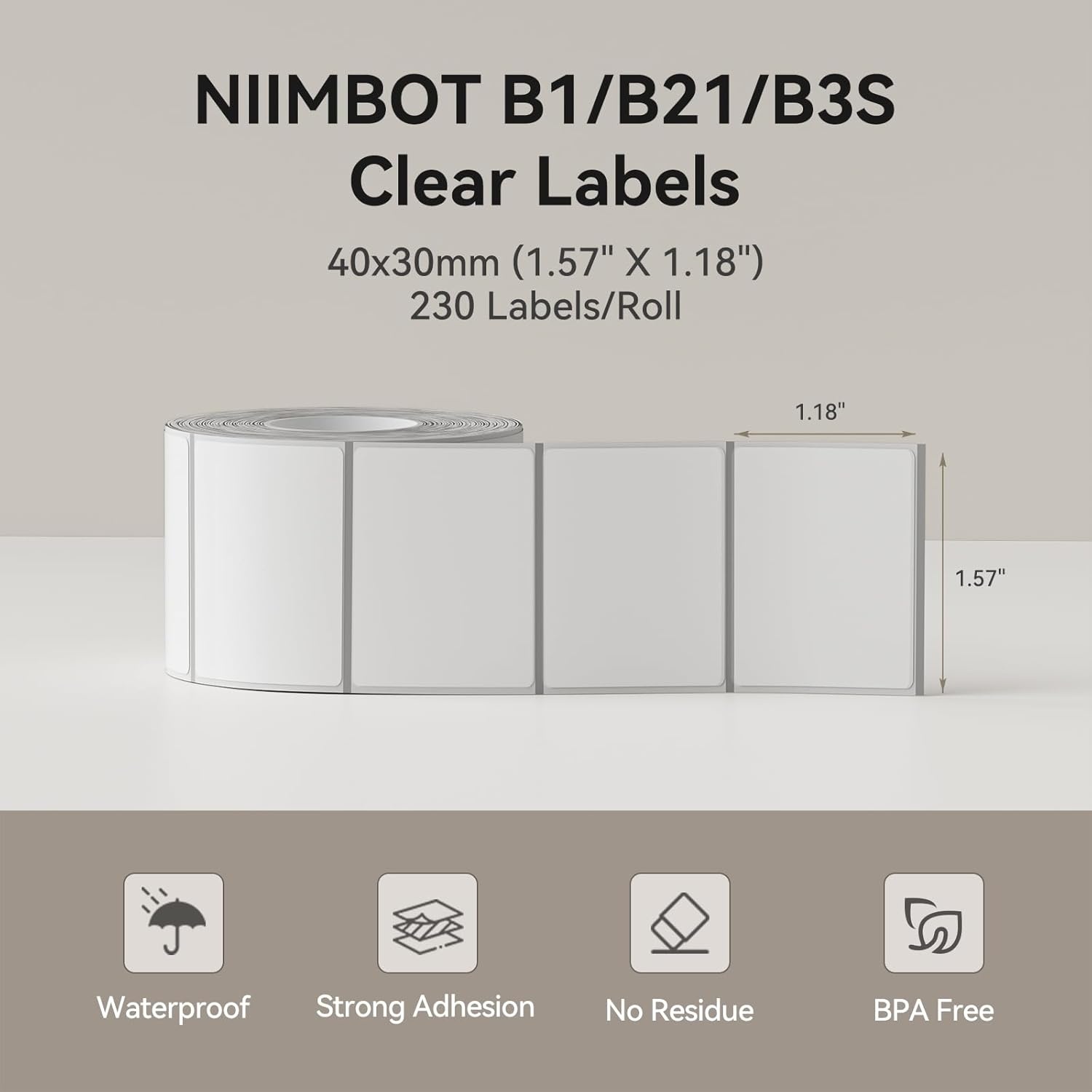 image:imageNIIMBOT Clear Label Tape for B1B21B3S 157 X 118 40x30mm 230 LabelsRoll Thermal Label Sticker for Mason JarSpiceBarcodeQR CodeAddressSmall BusinessClear