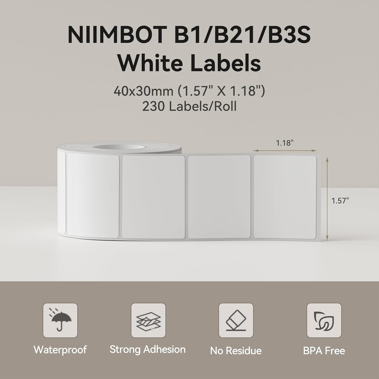 image:imageNIIMBOT Clear Label Tape for B1B21B3S 157 X 118 40x30mm 230 LabelsRoll Thermal Label Sticker for Mason JarSpiceBarcodeQR CodeAddressSmall BusinessWhite