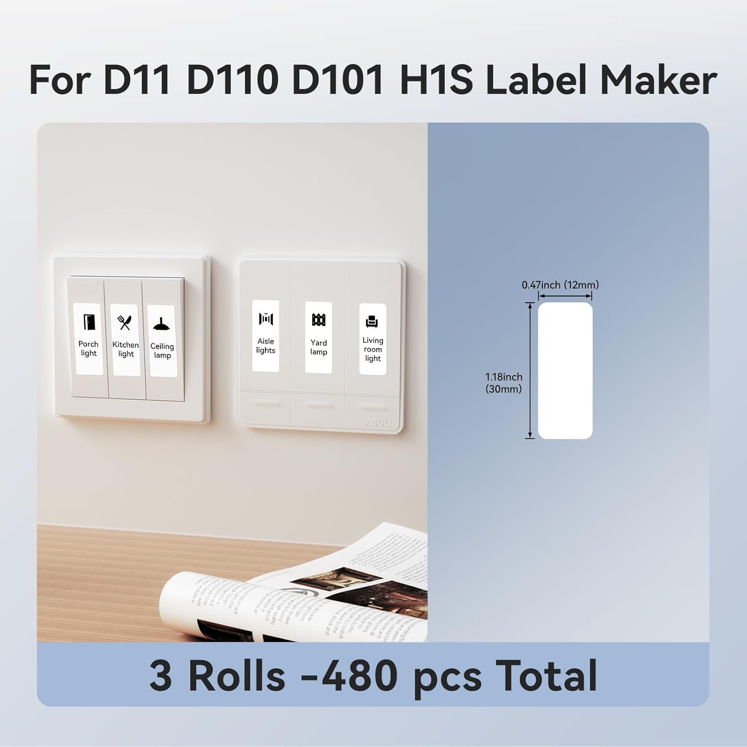 image:imageNIIMBOT D11 Label Tape D110 Label Maker Papers 3Rolls Cable Labels SelfAdhesive Labeling Tape 047 X 429 12 X 109mm Cable Label Refills for Home Office Circuit Box 195 Labels3Rolls White1230white