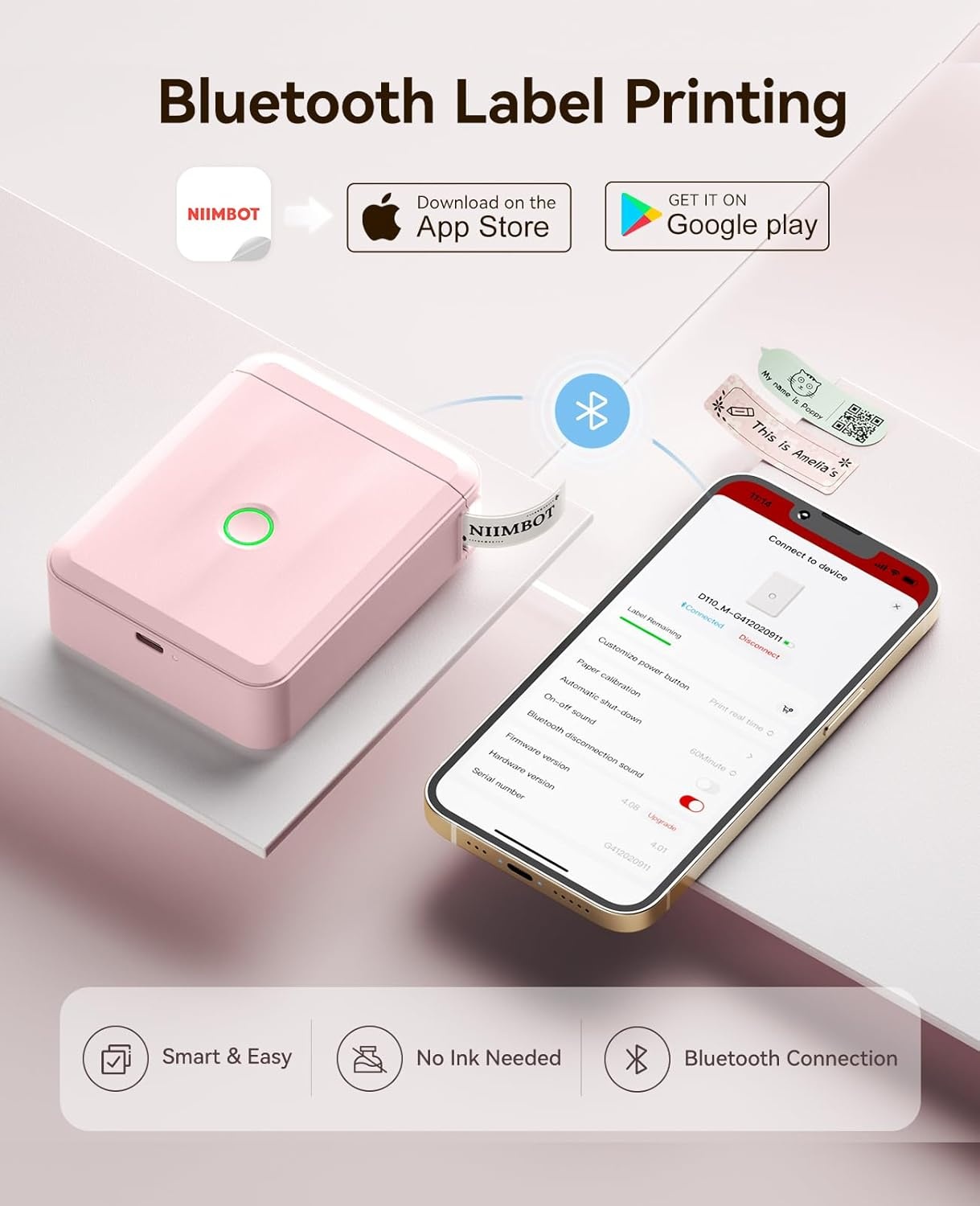 image:imageNIIMBOT D110 Label Maker Machine Bluetooth Thermal Label Printer for School Home Office Organization Mini Thermal Printer Label Maker with 1 Label Tape BluePink