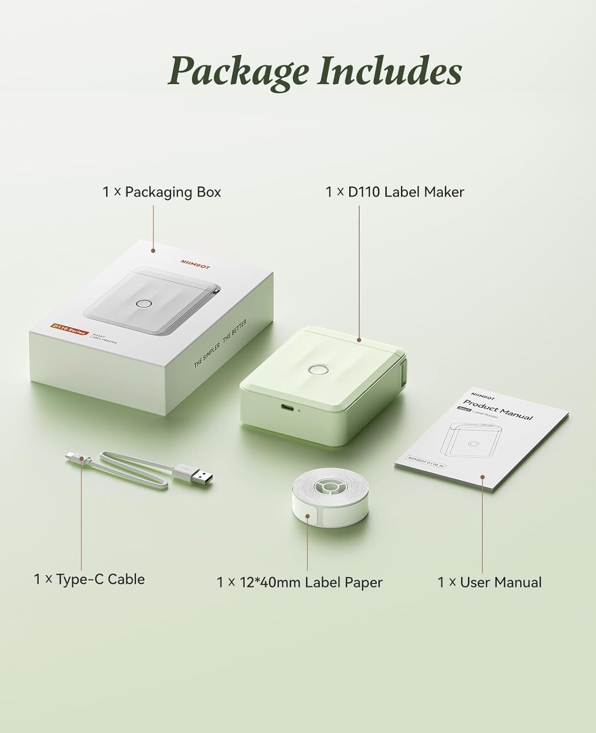 image:imageNIIMBOT D110 Label Maker Machine Bluetooth Thermal Label Printer for School Home Office Organization Mini Thermal Printer Label Maker with 1 Label Tape BlueGreen
