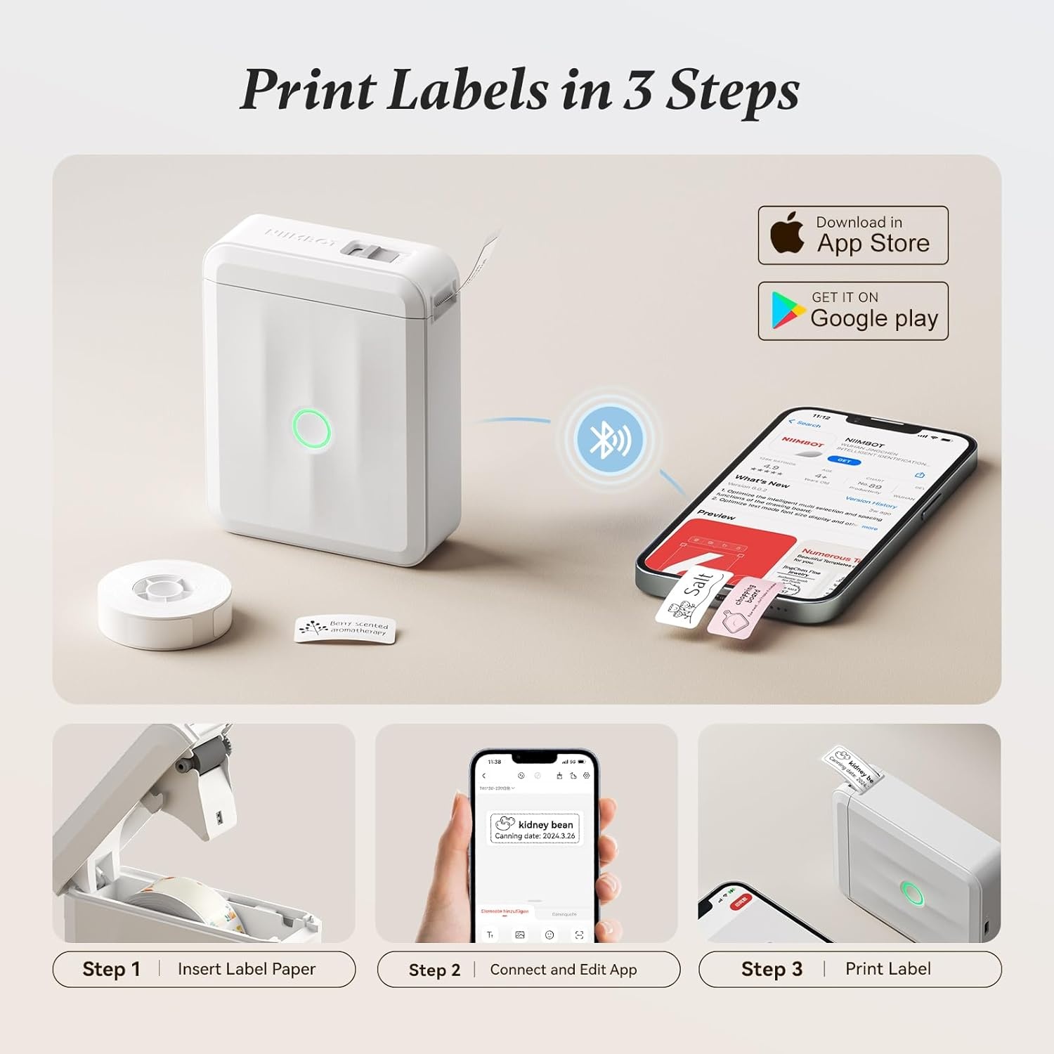 image:imageNIIMBOT D110 Label Maker Machine Bluetooth Thermal Label Printer for School Home Office Organization Mini Thermal Printer Label Maker with 3 Label Tapes WhiteWhite