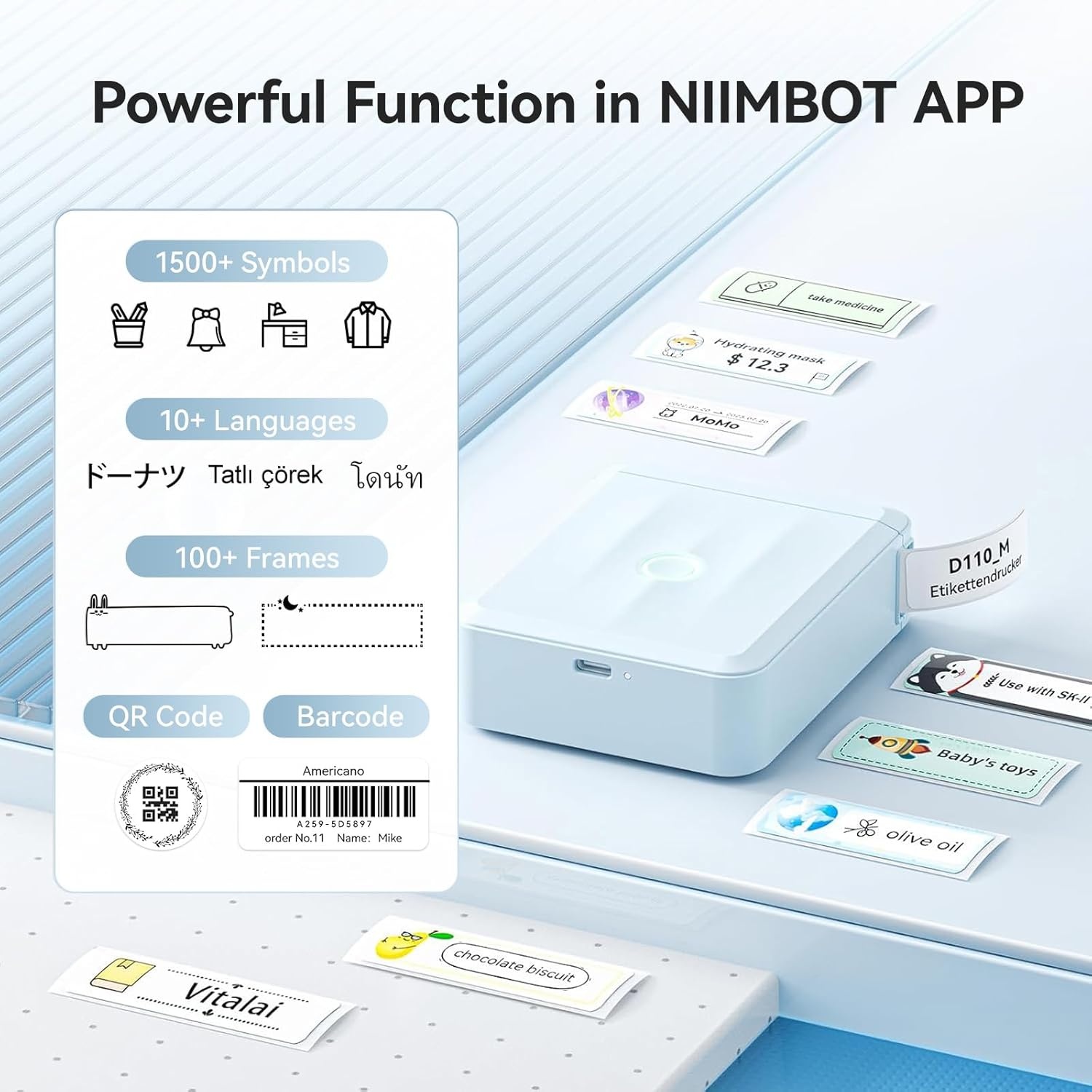 image:imageNIIMBOT D110 New Version Label Maker Machine with Tape Handheld Bluetooth Label Printer Mini Thermal Printer Sticker Maker for Organizing Home Kitchen SchoolWhiteBlue