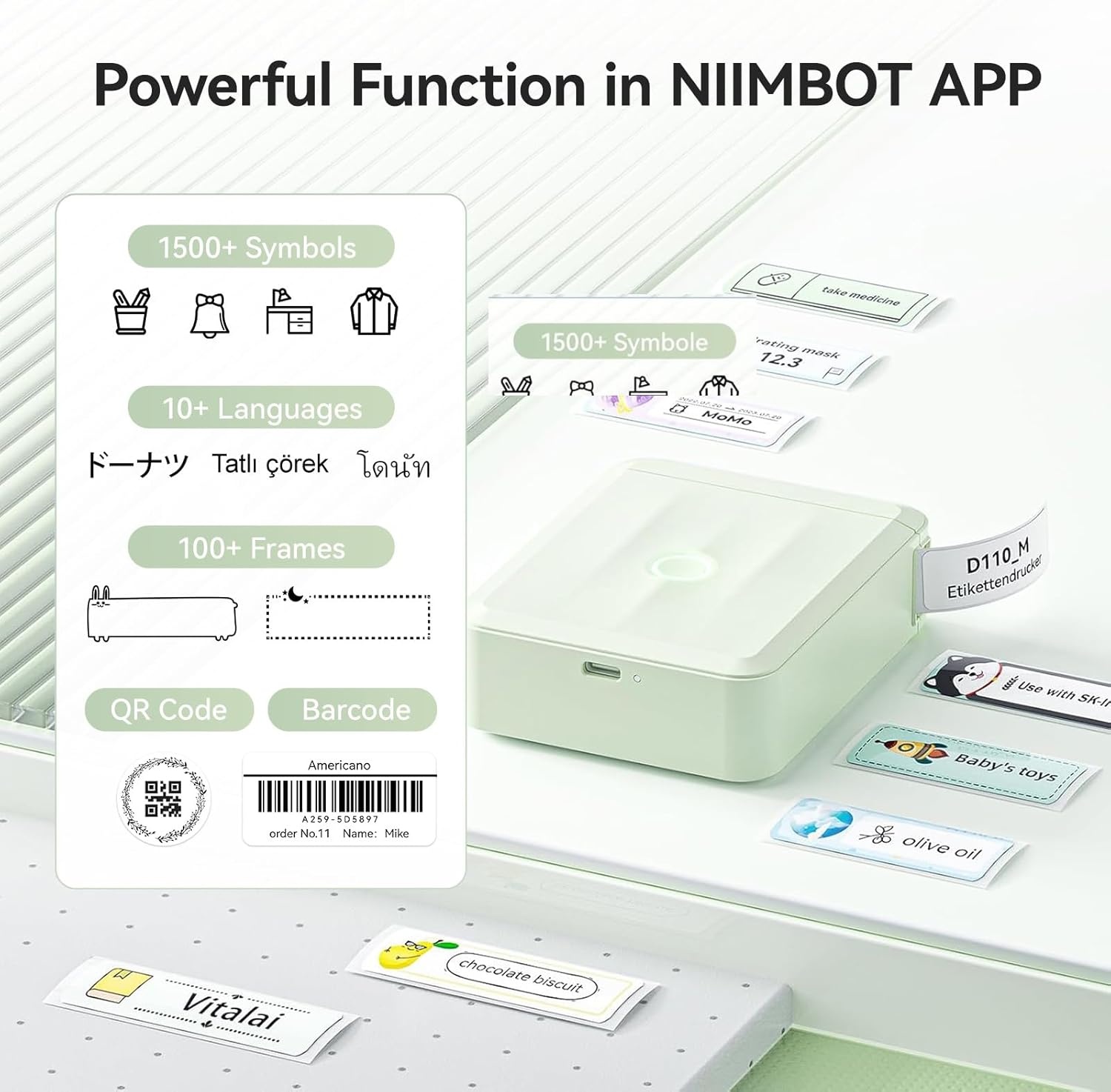image:imageNIIMBOT D110 New Version Label Maker Machine with Tape Handheld Bluetooth Label Printer Mini Thermal Printer Sticker Maker for Organizing Home Kitchen SchoolWhiteGreen