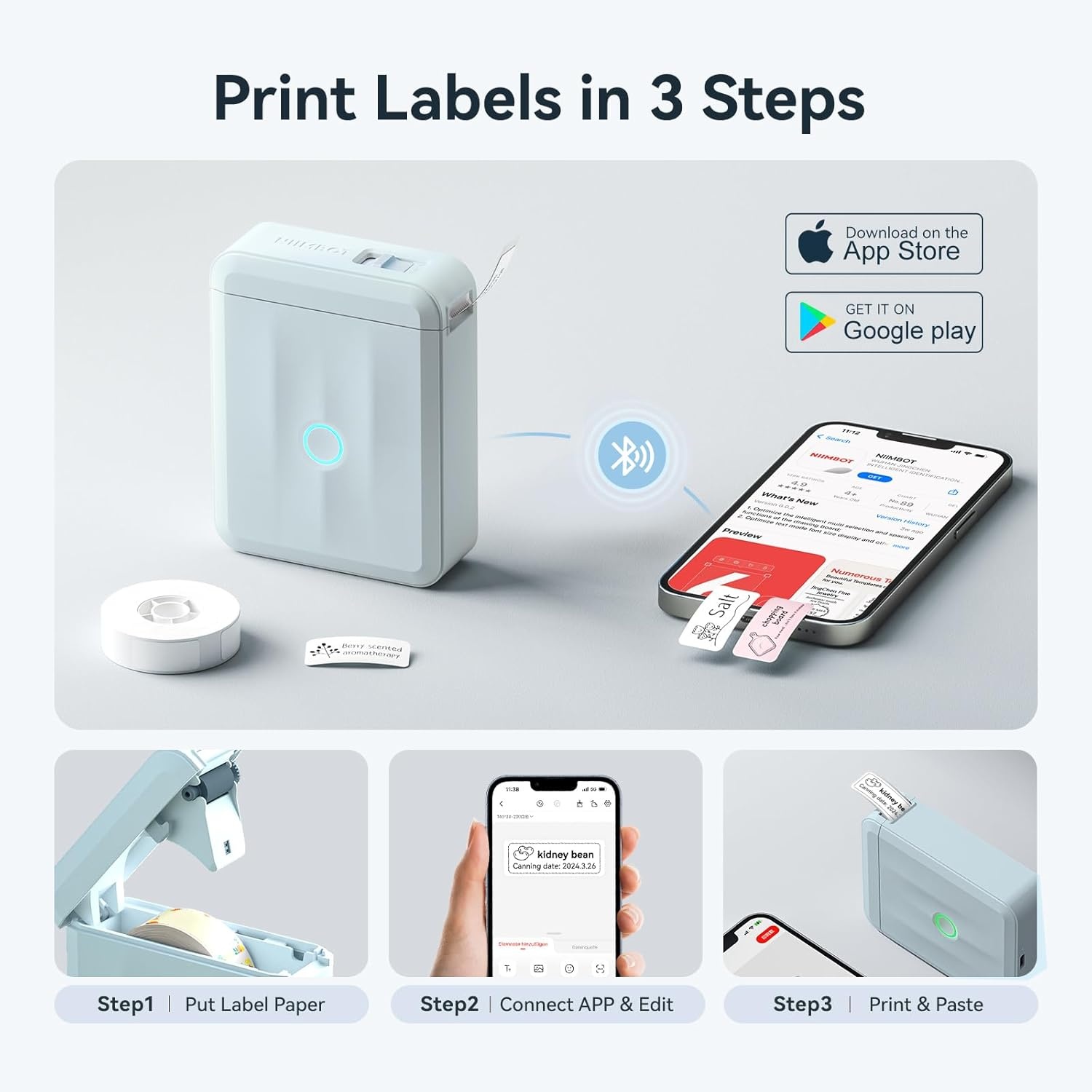 image:imageNIIMBOT D110 Upgraded Version Mini Label Maker Machine with Tape Portable Bluetooth Thermal Printer Sticker Labeler with Multiple Templates for Office Organization Home Kitchen School WhiteBlue