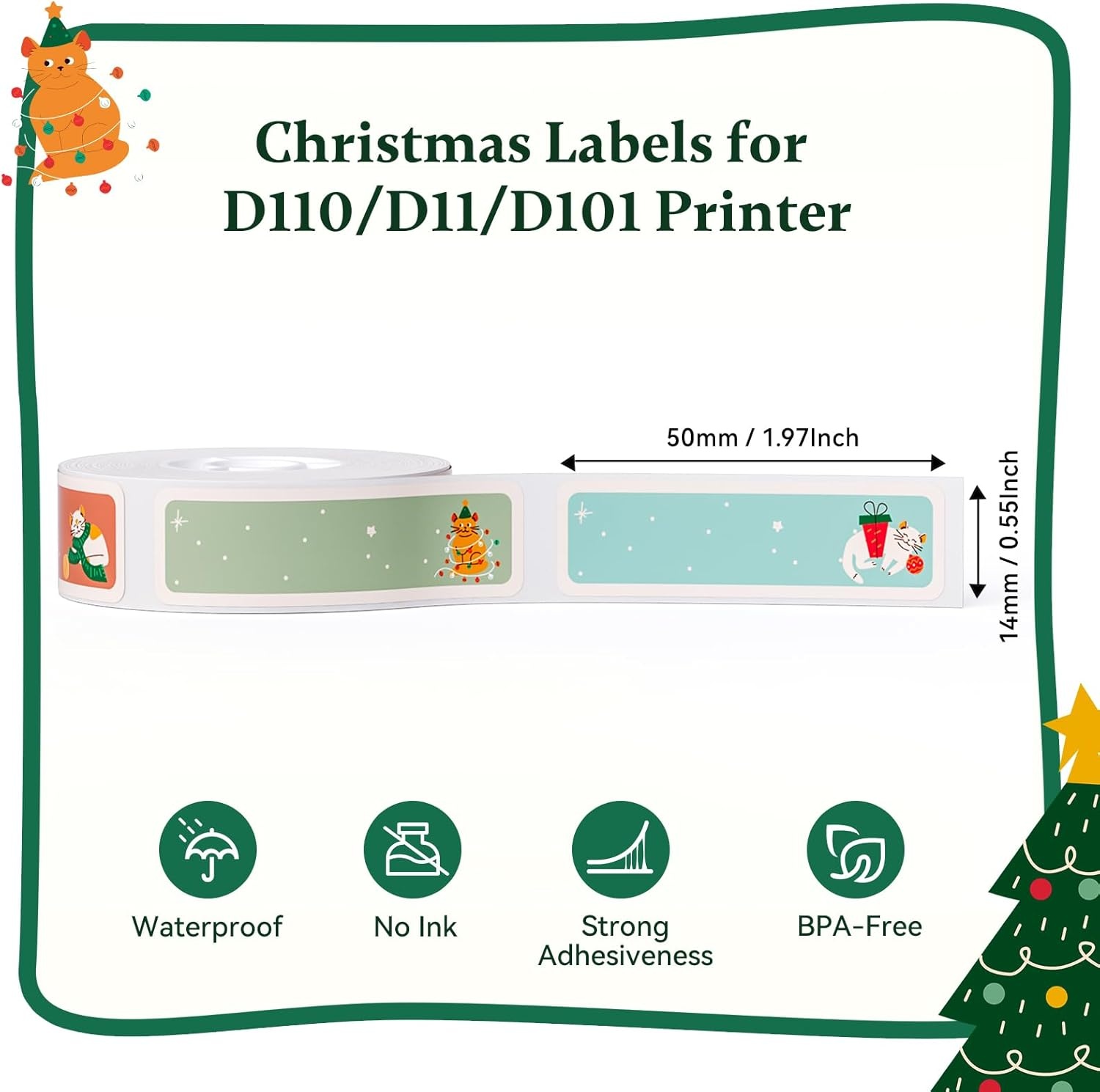 image:imageNIIMBOT Label Maker Tape for D11D110D101 Label Maker 12 x 40 mm 047 x 157 for Home Office Labeling Tape Replacement Pink14mmx50mmmeowy Xmas