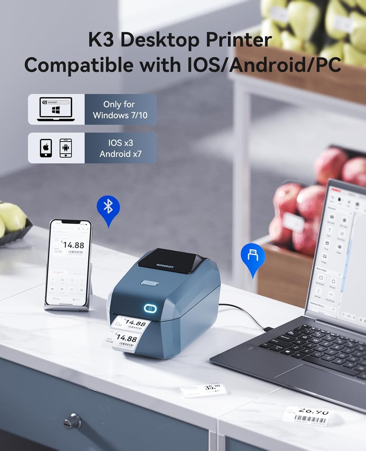 image:imageNIIMBOT Label Maker for Sticker Labels K3 Label Printer Can Print Width 315 Inch Label Paper for Small Business and Home Office Compatible with PC 7 Androidamp3 iOS Blue