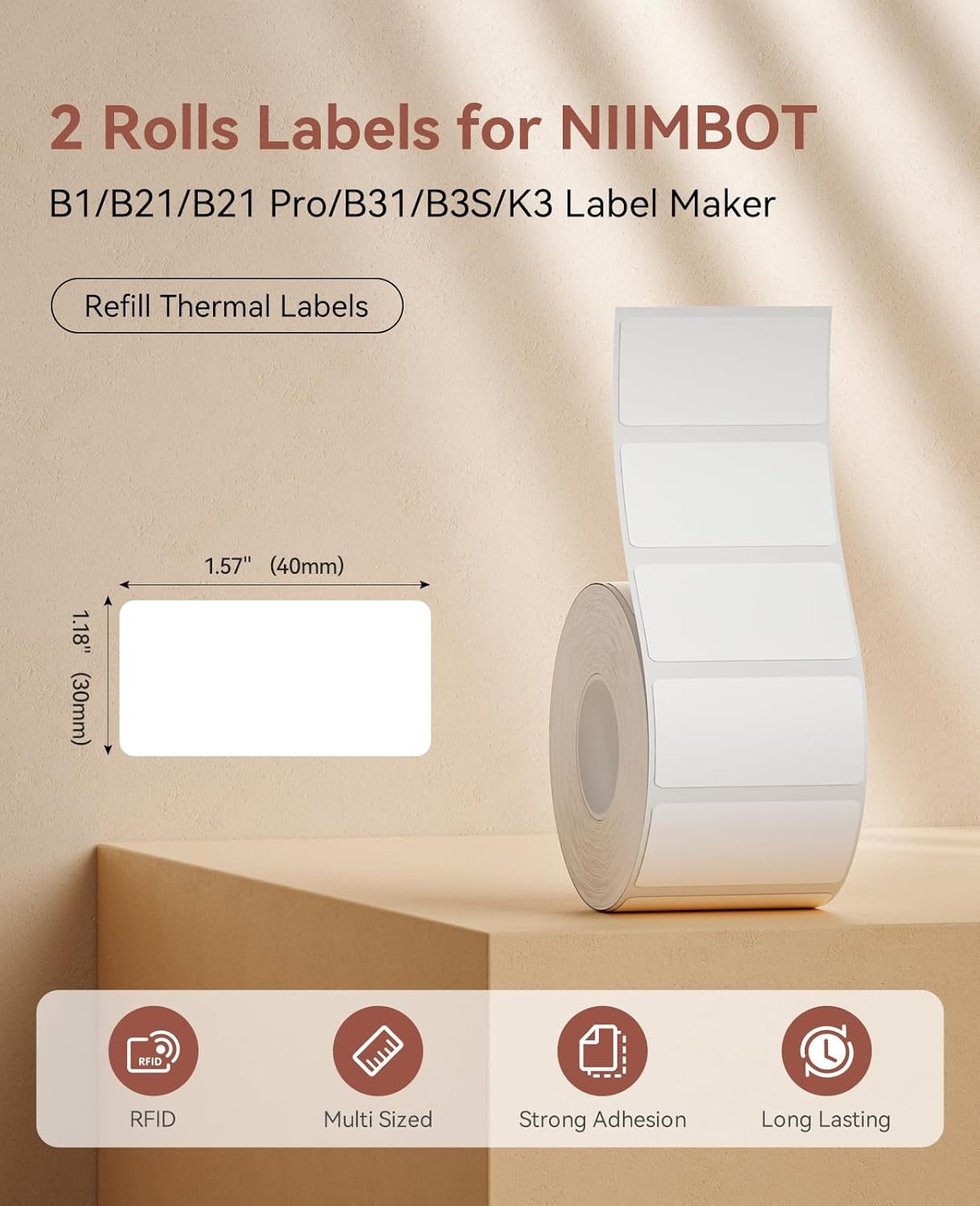 image:imageNIIMBOT Labels 2 Rolls Refill Thermal Label for Label Maker B1B21B21ProB3SB31K3 Waterproof OilProof and TearProof Sticker Labels 2 x 06x250x15mmx2 WhiteWhite16 X 08