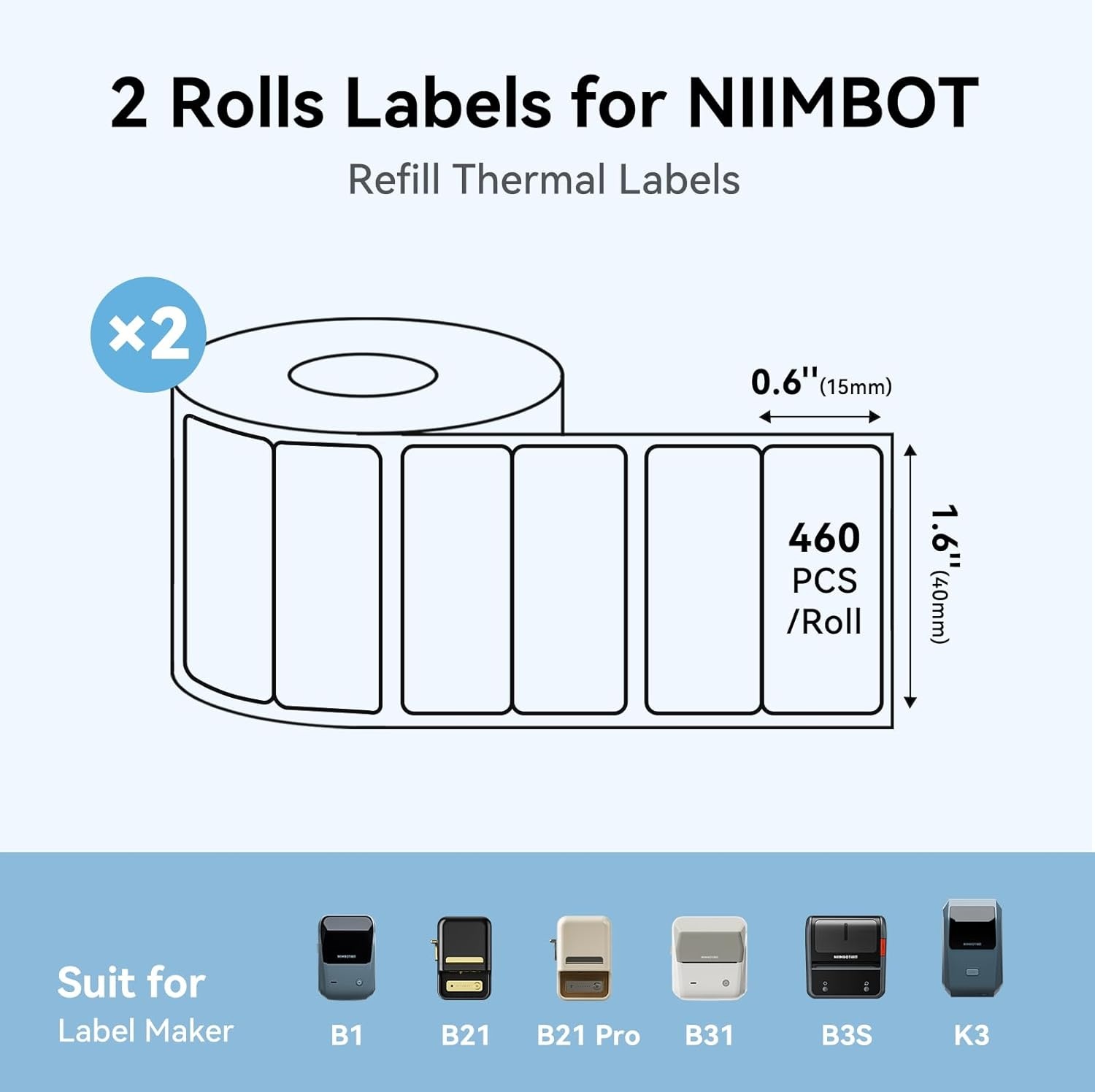image:imageNIIMBOT Labels 2 Rolls Refill Thermal Label for Label Maker B1B21B21ProB3SB31K3 Waterproof OilProof and TearProof Sticker Labels 2 x 06x250x15mmx2 WhiteClear16 X 06x2