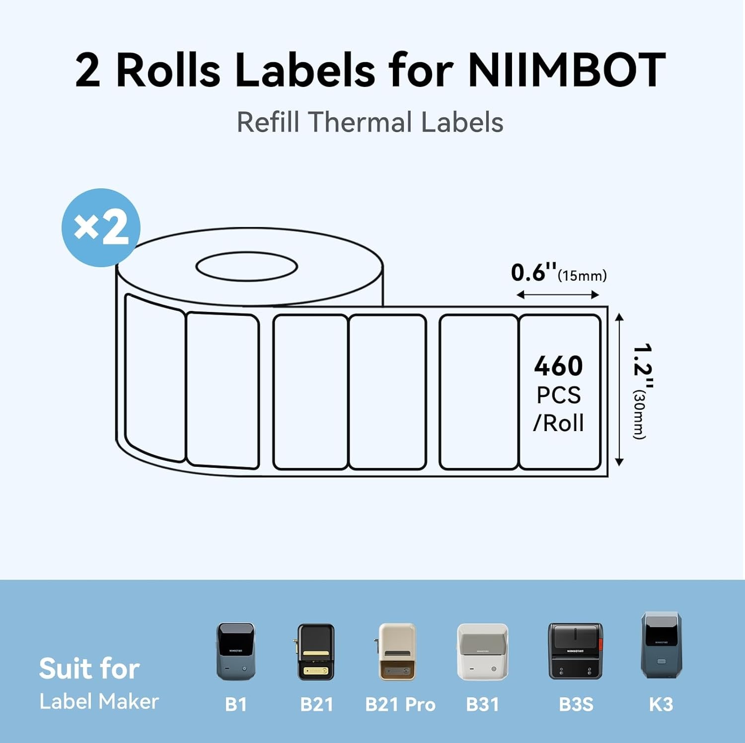 image:imageNIIMBOT Labels 2 Rolls Refill Thermal Label for Label Maker B1B21B21ProB3SB31K3 Waterproof OilProof and TearProof Sticker Labels 2 x 06x250x15mmx2 WhiteWhite12 X 06x2