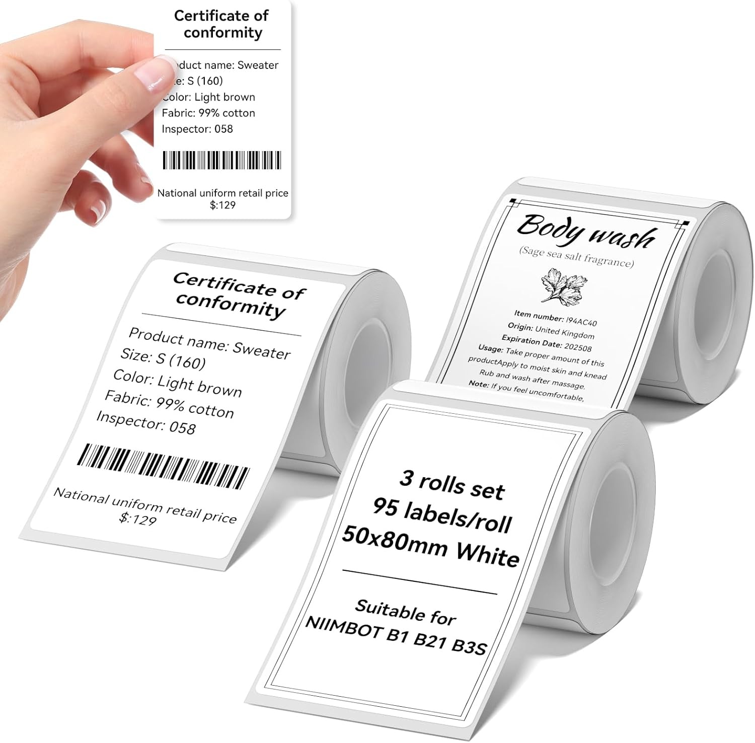 image:imageNIIMBOT Labels for B1B21B31 Label Maker 50 x 30 mm 197 x 118 230 TapesRoll Thermal Label Tape Waterproof OilProof for Home Office Small Business Labeling Tape ReplacementWhite50mm80mmwhite