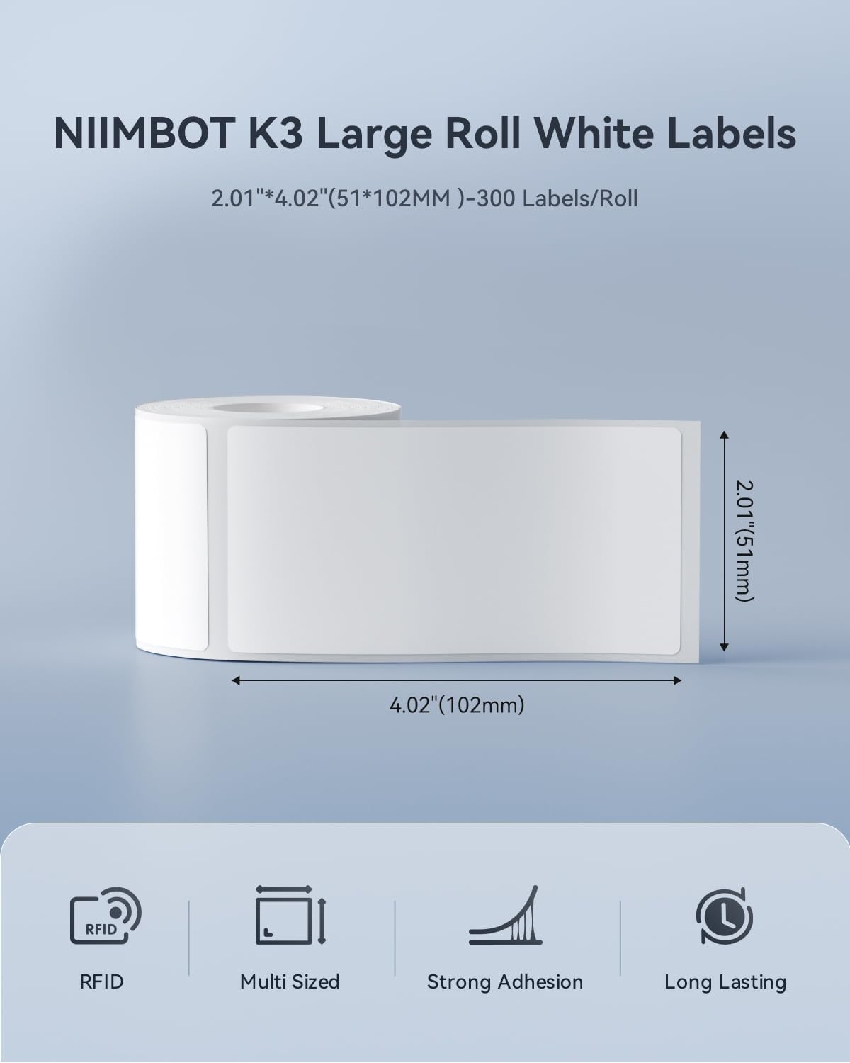 image:imageNIIMBOT LabelsSelfAdhesive Large Roll Label 20140251102MM 300 LabelsRoll Compatible with NIIMBOT K3 Desktop Printer Thermal Tape for Mailing Address Barcode Office Business51102MM