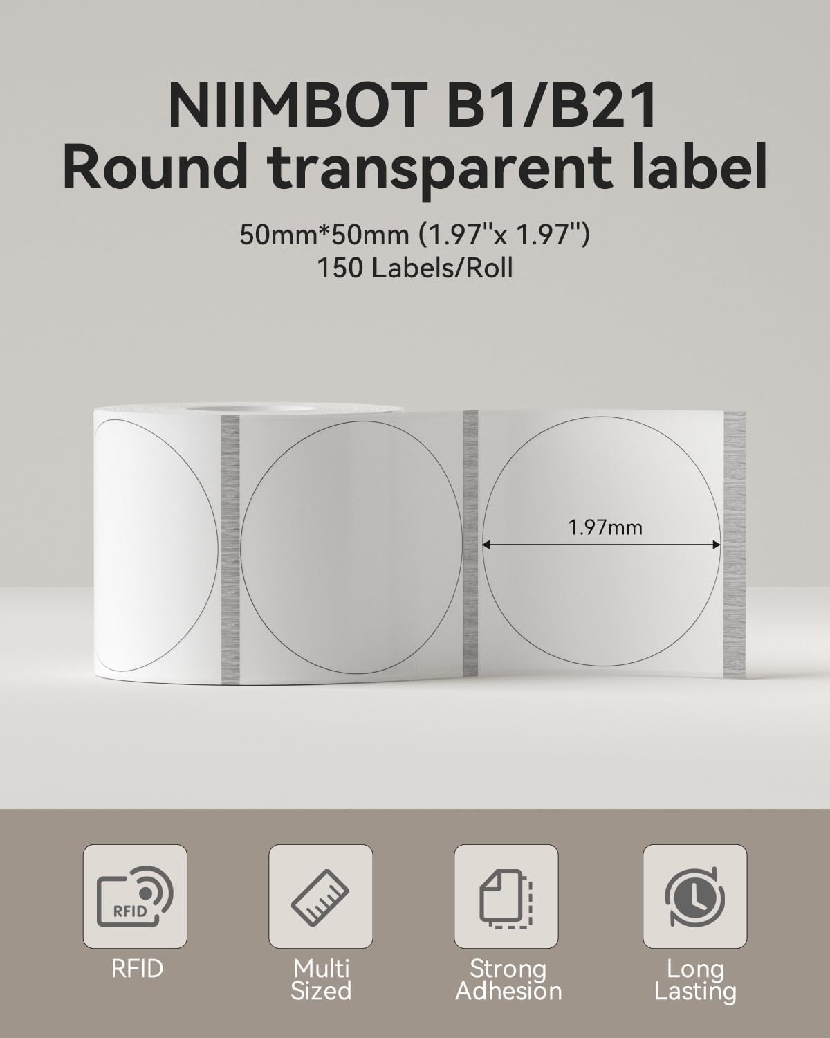 image:imageNIIMBOT Thermal Label Tape 5050mm Compatible for NIIMBOT B1 B21 B31 B3S K3 Thermal Sticker Paper 19 x 197 Waterproof Labeling Tape Replacement 150 LabelsRoll 3 Packs Round3 ROLLS 5050MM Round Clear