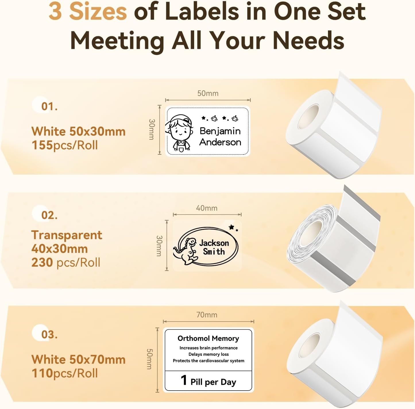image:imageNIIMBOT Thermal Label Tape 5050mm Compatible for NIIMBOT B1 B21 B31 B3S K3 Thermal Sticker Paper 19 x 197 Waterproof Labeling Tape Replacement 150 LabelsRoll 3 Packs Round3 Roll Mix Size