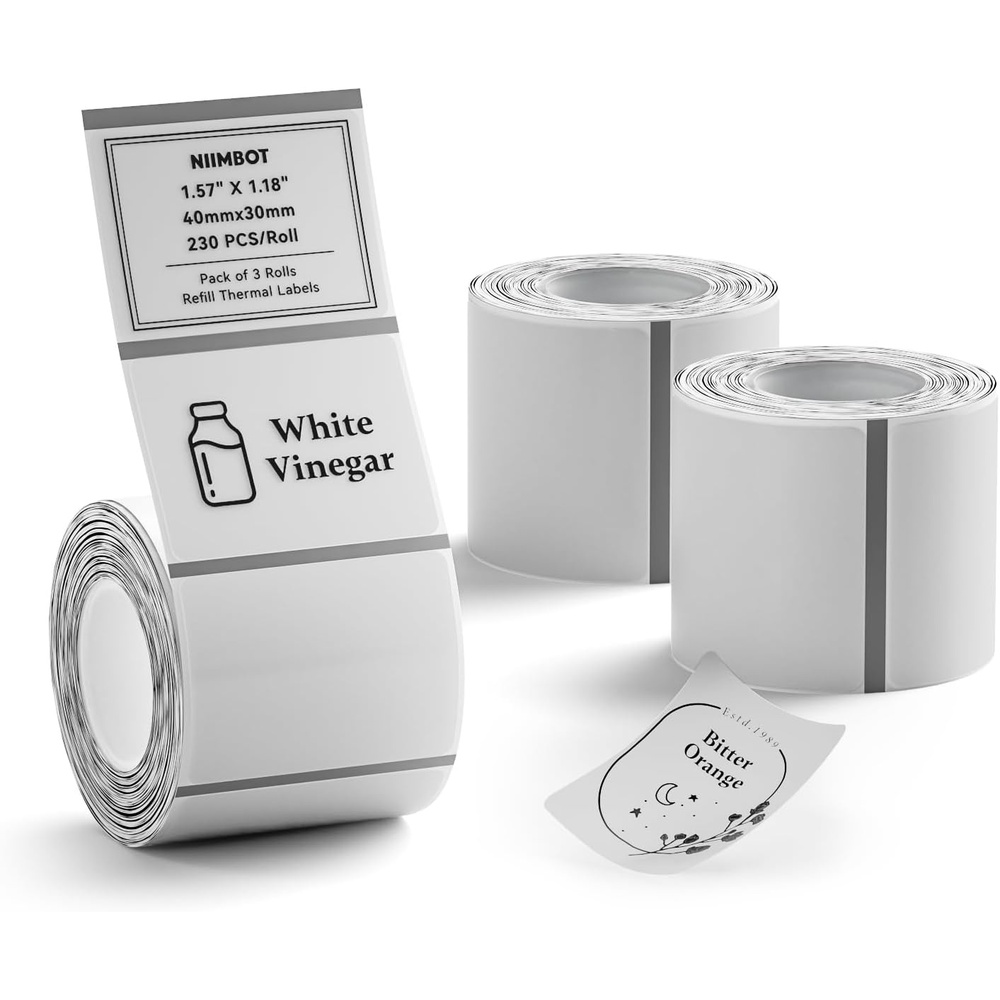 image:imageNIIMBOT 3 Rolls Set Label Tape for B1B21B3S Label Printer 197 X 197 50x50mm Round Waterproof Thermal Label Tape for LogoGiftBarcodeKitchen Jar White157 X 118RectangularClear