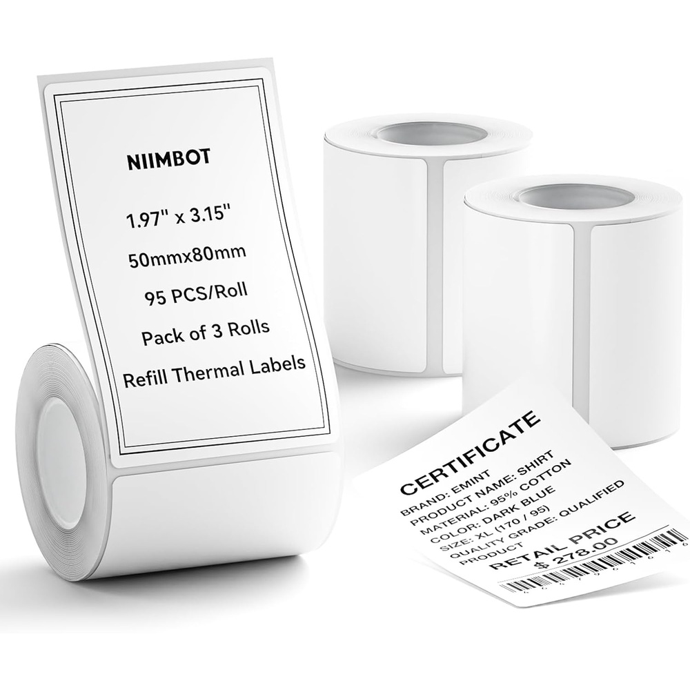 image:imageNIIMBOT 3 Rolls Set Label Tape for B1B21B3S Label Printer 197 X 197 50x50mm Round Waterproof Thermal Label Tape for LogoGiftBarcodeKitchen Jar White197 X 315RectangularWhite