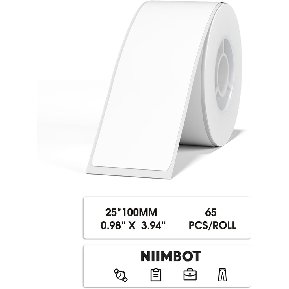 image:imageNIIMBOT D101 Label Maker Tape D101 Adapted Label Print Paper SelfAdhesive Labeling Tape Replacement 25 X 100 mm Thermal Label Tape for Home Office 65 LabelsRoll WhiteWhite