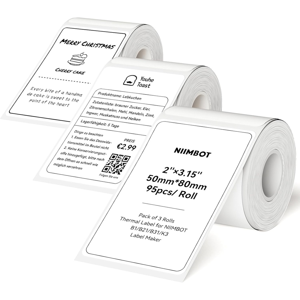 image:imageNIIMBOT Thermal Label Tape 5050mm Compatible for NIIMBOT B1 B21 B31 B3S K3 Thermal Sticker Paper 19 x 197 Waterproof Labeling Tape Replacement 150 LabelsRoll 3 Packs Round3 ROLLS 5080MM