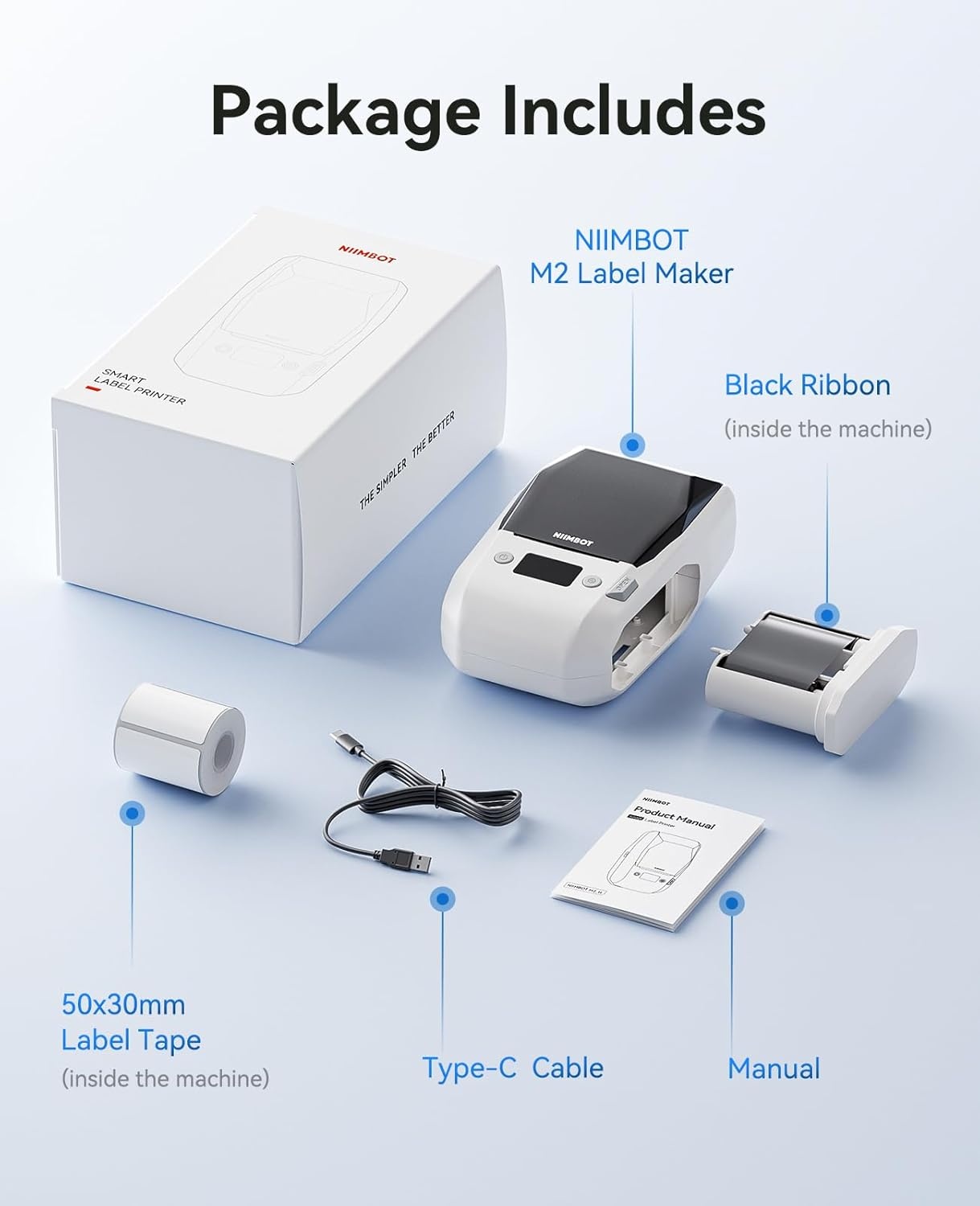 image:imageNIIMBOT M2 Label Maker with Tape 2Inch Thermal Transfer Support Color Ribbon Printing Bluetooth Sticker Printer for Office Small Business School Home Cable Storage Compatible with Phones amp PC BlueWhite