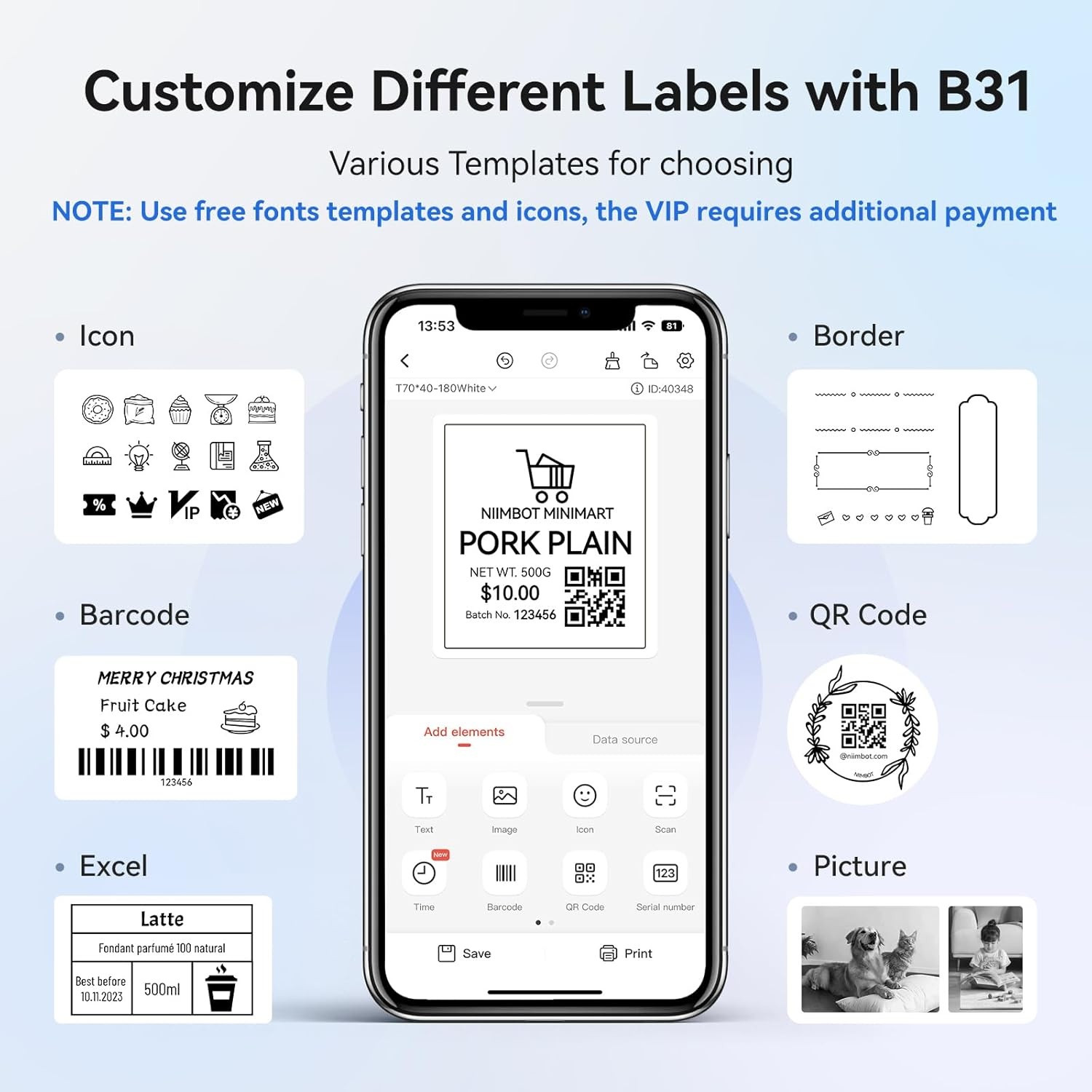 image:imageNIIMBOT B31 Label Maker Portable Label Printer for Small Business Support 0783 Label Width for Barcode Address Logo Tag Labeling Thermal Sticker Maker Compatible with Smartphones amp PCBlue