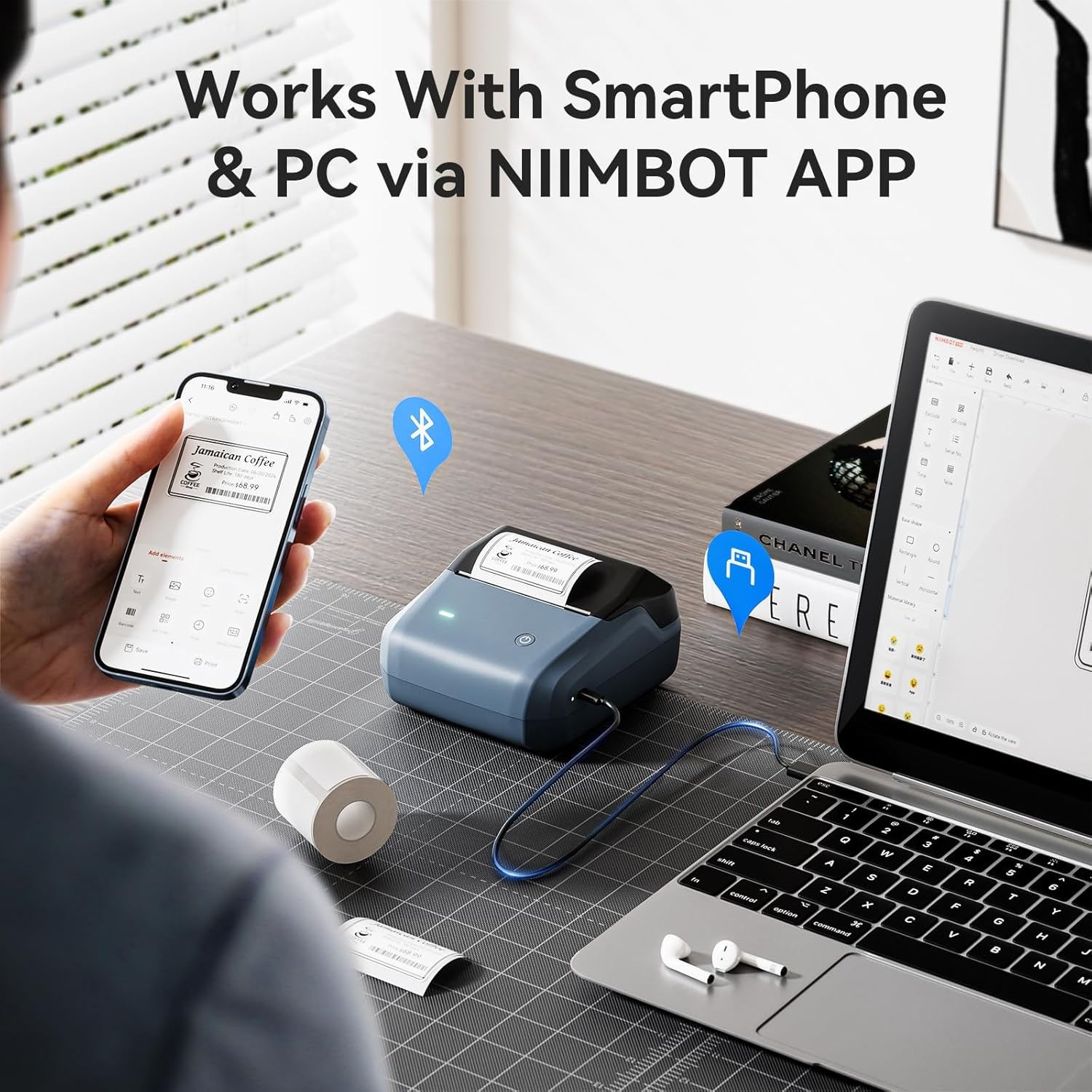 image:imageNIIMBOT B31 Label Maker Portable Label Printer for Small Business Support 0783 Label Width for Barcode Address Logo Tag Labeling Thermal Sticker Maker Compatible with Smartphones amp PCBlue