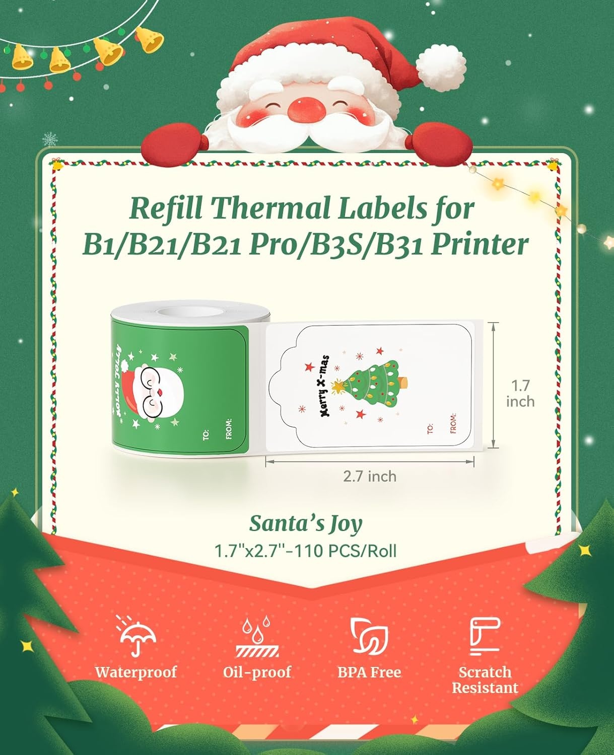 image:imageNIIMBOT Christmas Labels for B1 B21 B21PRO Label Maker 17 x 53 43x135mm Printer Labels Sticker Labels for Christmas Gifts42x68mmsantas Joy