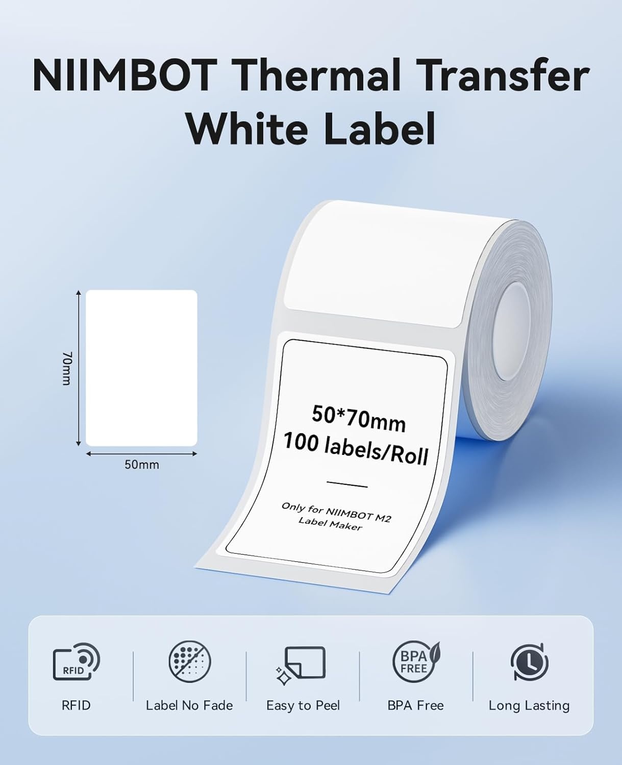 image:imageNIIMBOT M2M3 Thermal Transfer Labels 196 x 275 50x70mm Only for M2M3 Label Maker PET Material Waterproof and HighTemperature Resistance Long Storage Time5070MM white