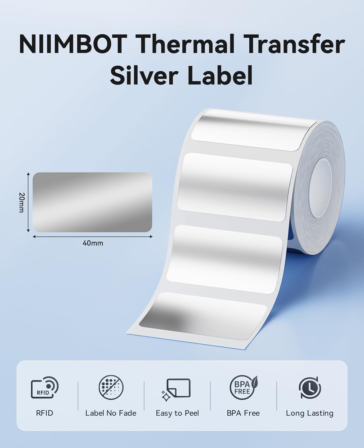 image:imageNIIMBOT M2M3 Thermal Transfer Labels 196 x 275 50x70mm Only for M2M3 Label Maker PET Material Waterproof and HighTemperature Resistance Long Storage Time4020MM Silver