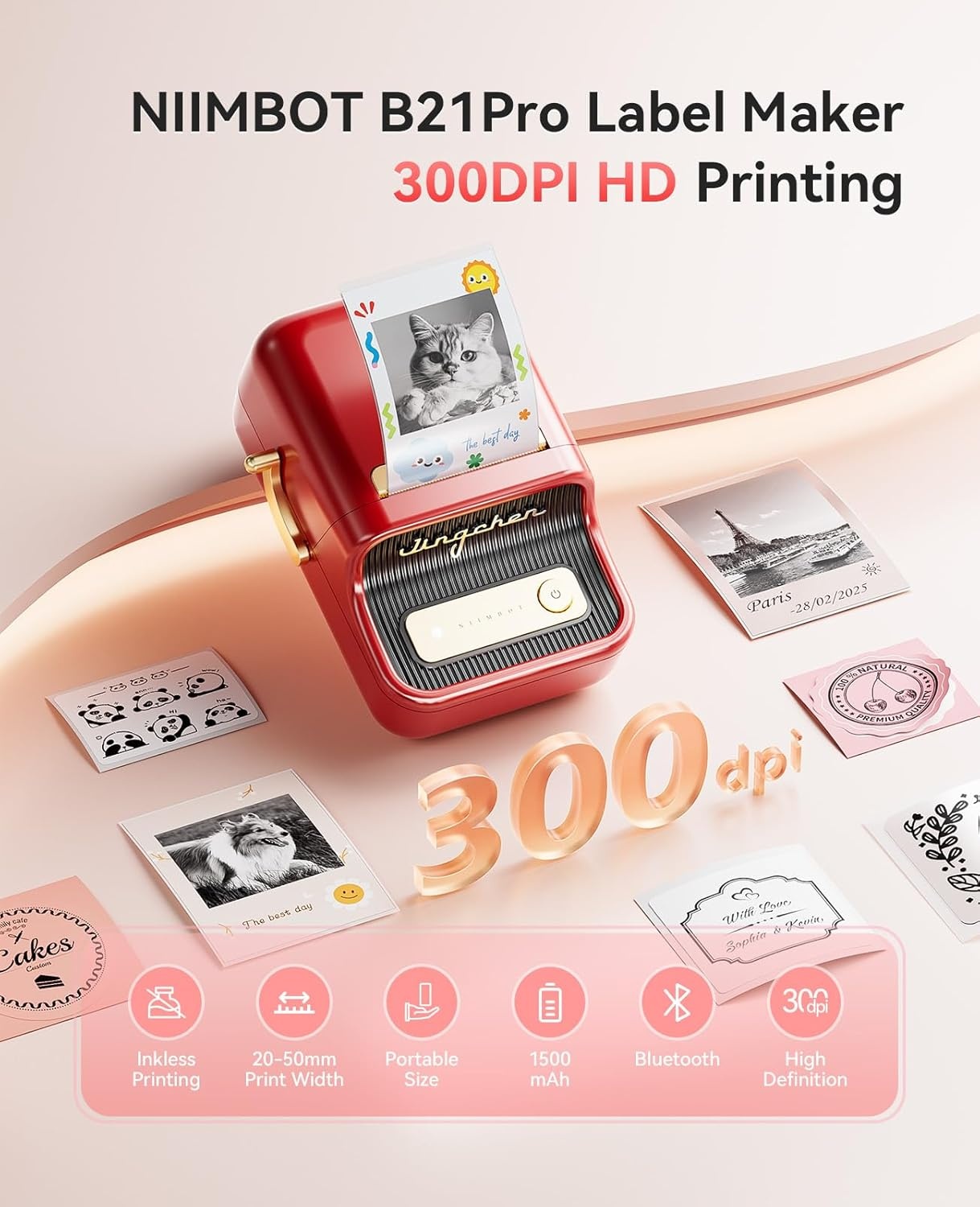 image:imageNIIMBOT Sticker Printer B21 Pro Portabel Sticker Maker Bluetooth Label Maker 300DPI HD Label Printer for Photos Notes Study Graphics Memo Maker50x30mm LabelWhiteRed