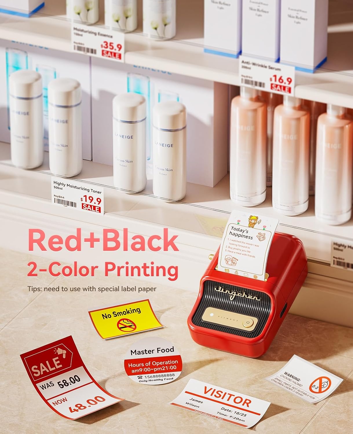 image:imageNIIMBOT Sticker Printer B21 Pro Portabel Sticker Maker Bluetooth Label Maker 300DPI HD Label Printer for Photos Notes Study Graphics Memo Maker50x30mm LabelWhiteRed