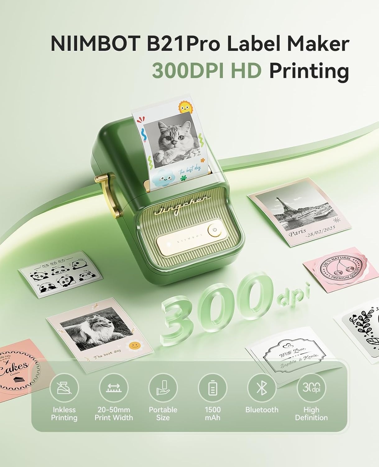 image:imageNIIMBOT Sticker Printer B21 Pro Portabel Sticker Maker Bluetooth Label Maker 300DPI HD Label Printer for Photos Notes Study Graphics Memo Maker50x30mm LabelWhitePine Green