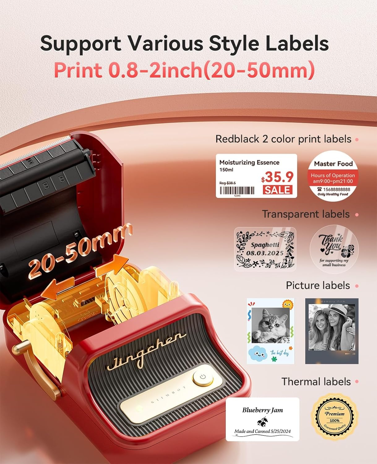 image:imageNIIMBOT Sticker Printer B21 Pro Portabel Sticker Maker Bluetooth Label Maker 300DPI HD Label Printer for Photos Notes Study Graphics Memo Maker50x30mm LabelWhiteRed