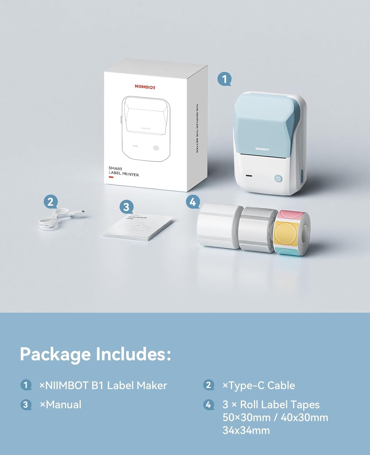 image:imageNIIMBOT B1 Label Maker Machine with Tape 2 Inch Portable Sticker Printer for Home School amp Small Business Compatible with Phones amp PC Gray WhiteBlue White