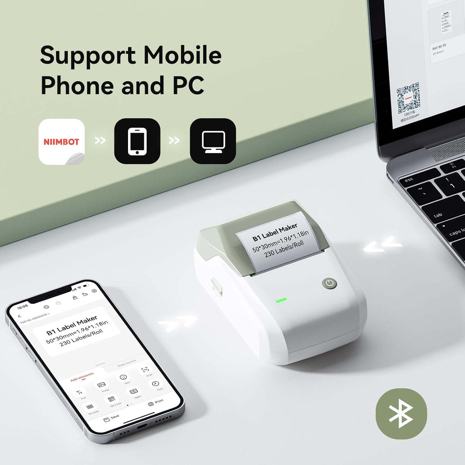 image:imageNIIMBOT B1 Label Maker Machine with Tape 2 Inch Portable Sticker Printer for Home School amp Small Business Compatible with Phones amp PC Gray WhiteGreen White