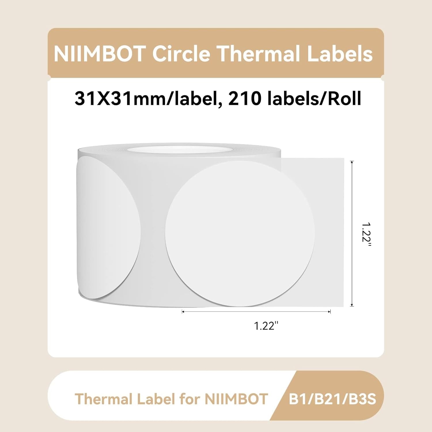 image:imageNIIMBOT Labels for B21B1B2 Label Printer Thermal Stickers 122 x 12231x31mm Waterproof OilProof Label Tape 1 Roll of 210 Round Sticker LabelsWhite Round12 X 12