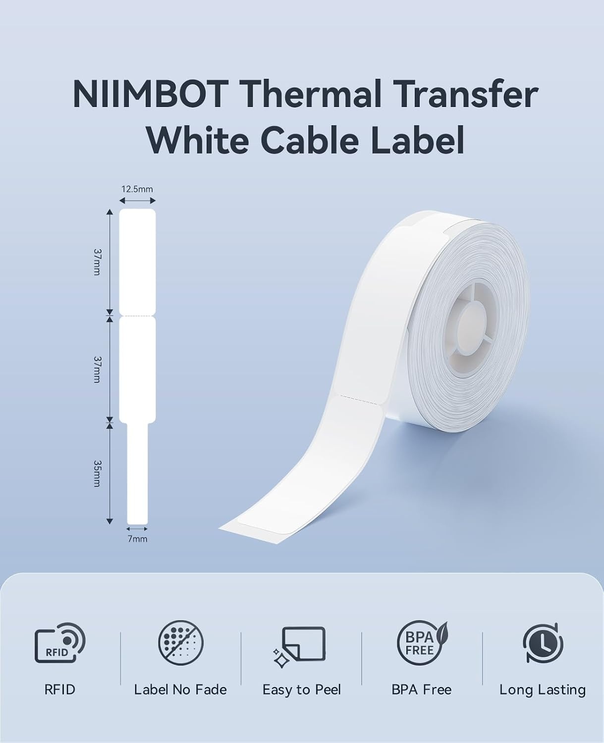 image:imageNIIMBOT B18N1 Thermal Transfer Labels 051 x 137 13x35mm Only for B18N1 Label Maker PET Material Waterproof and HighTemperature Resistance Long Storage TimeLuminousWhite